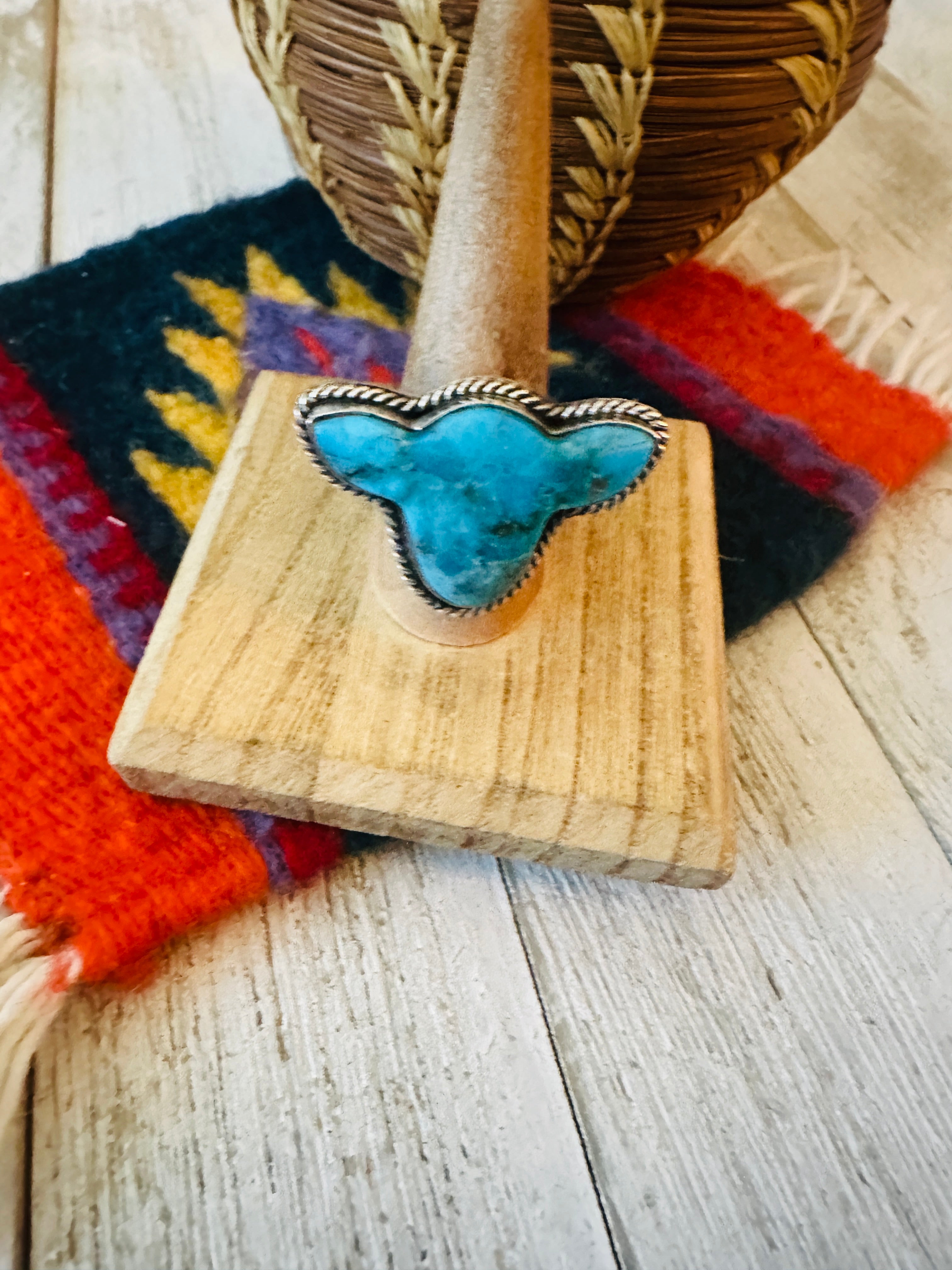 Navajo Royston Turquoise & Sterling Silver Bullhead Adjustable Ring