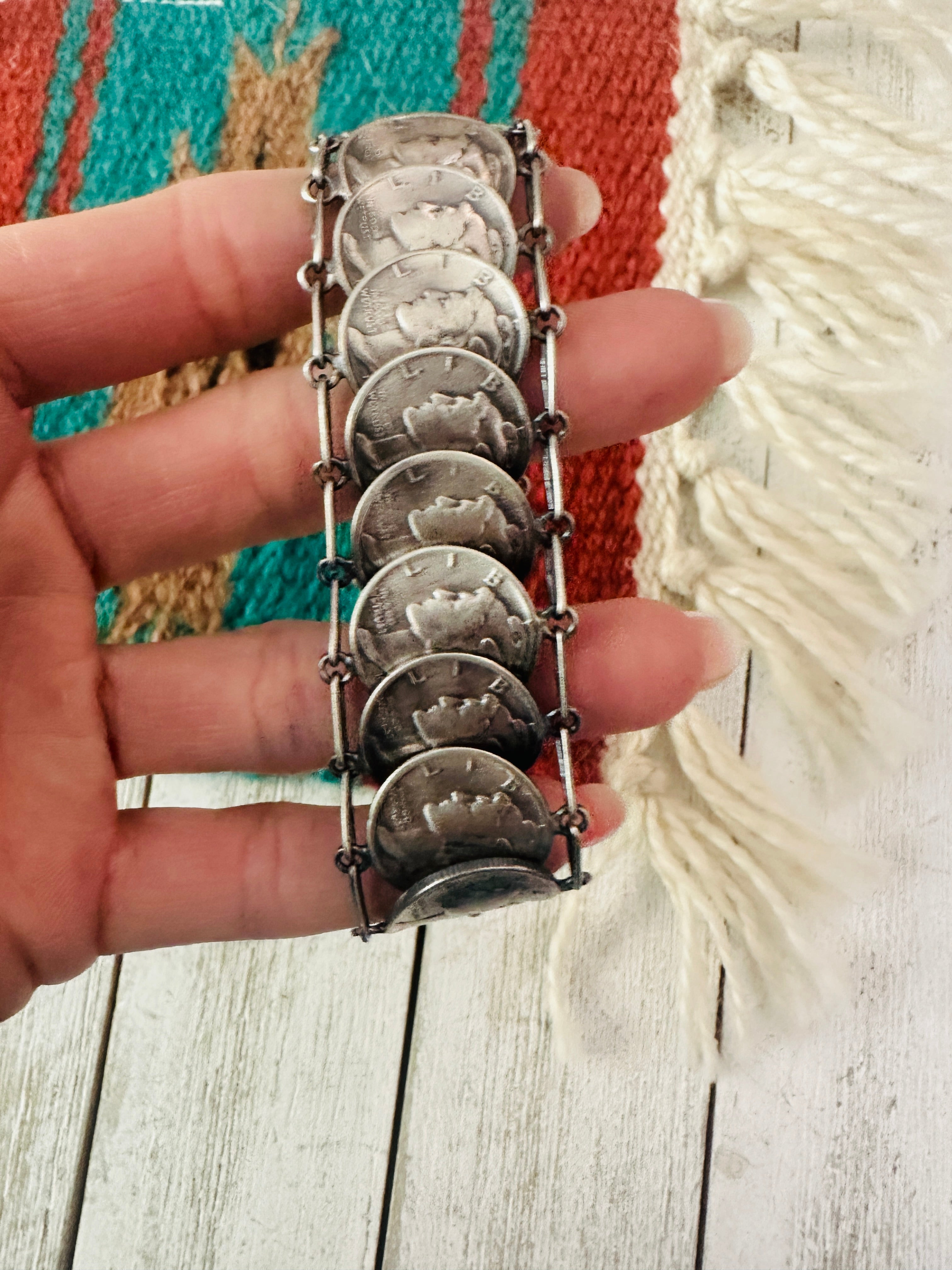 Navajo Turquoise & Sterling Silver Liberty Dime Bracelet By James McCabe