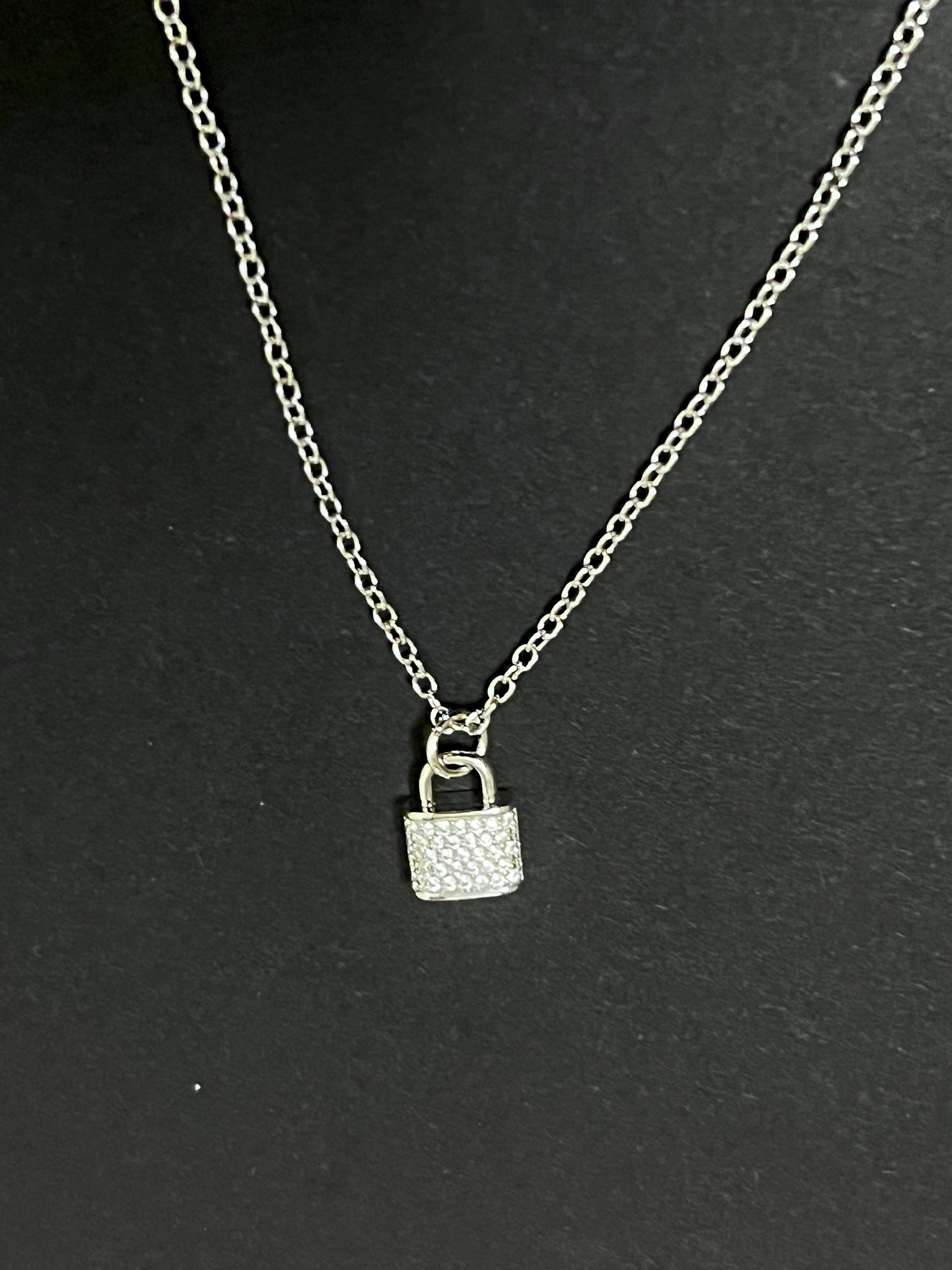 Silver Plated CZ Lock Pendant Chain Necklace