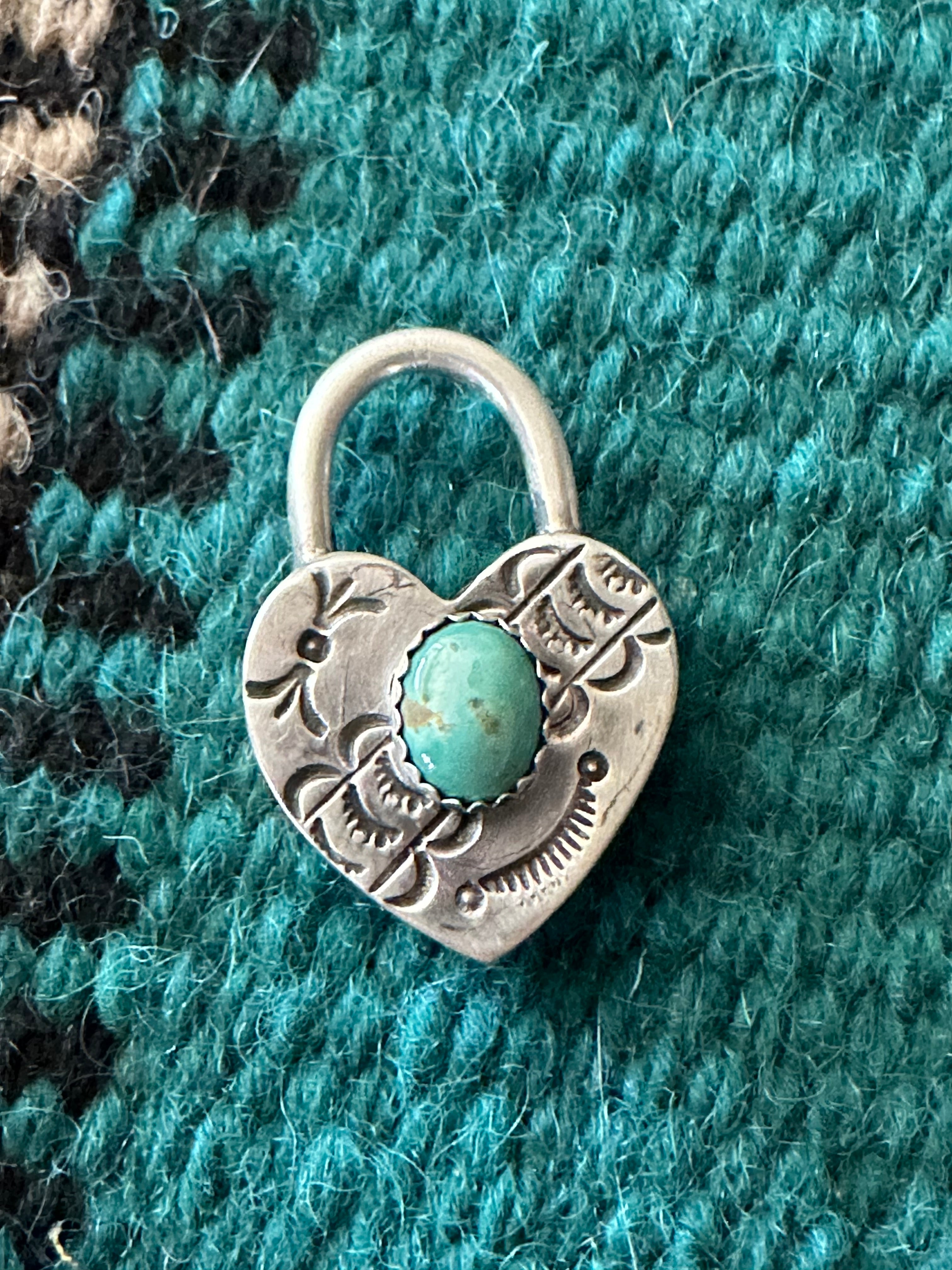 Navajo Turquoise & Sterling Silver Heart Locket Pendant Signed Russell Sam BLUE TONES