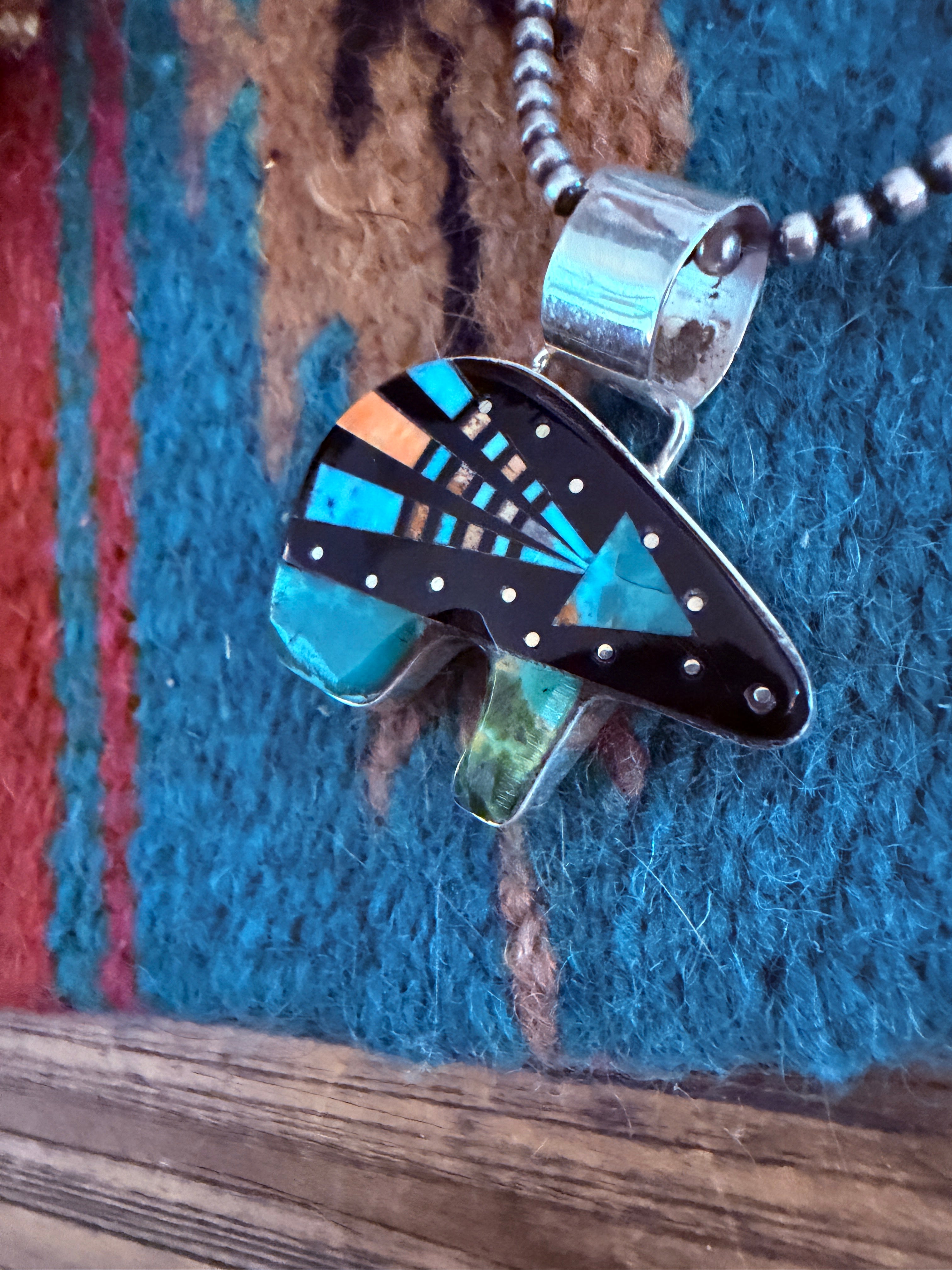 Handcrafted Sterling Silver and Multi Stone Inlay Bear Pendant by Ray Jack