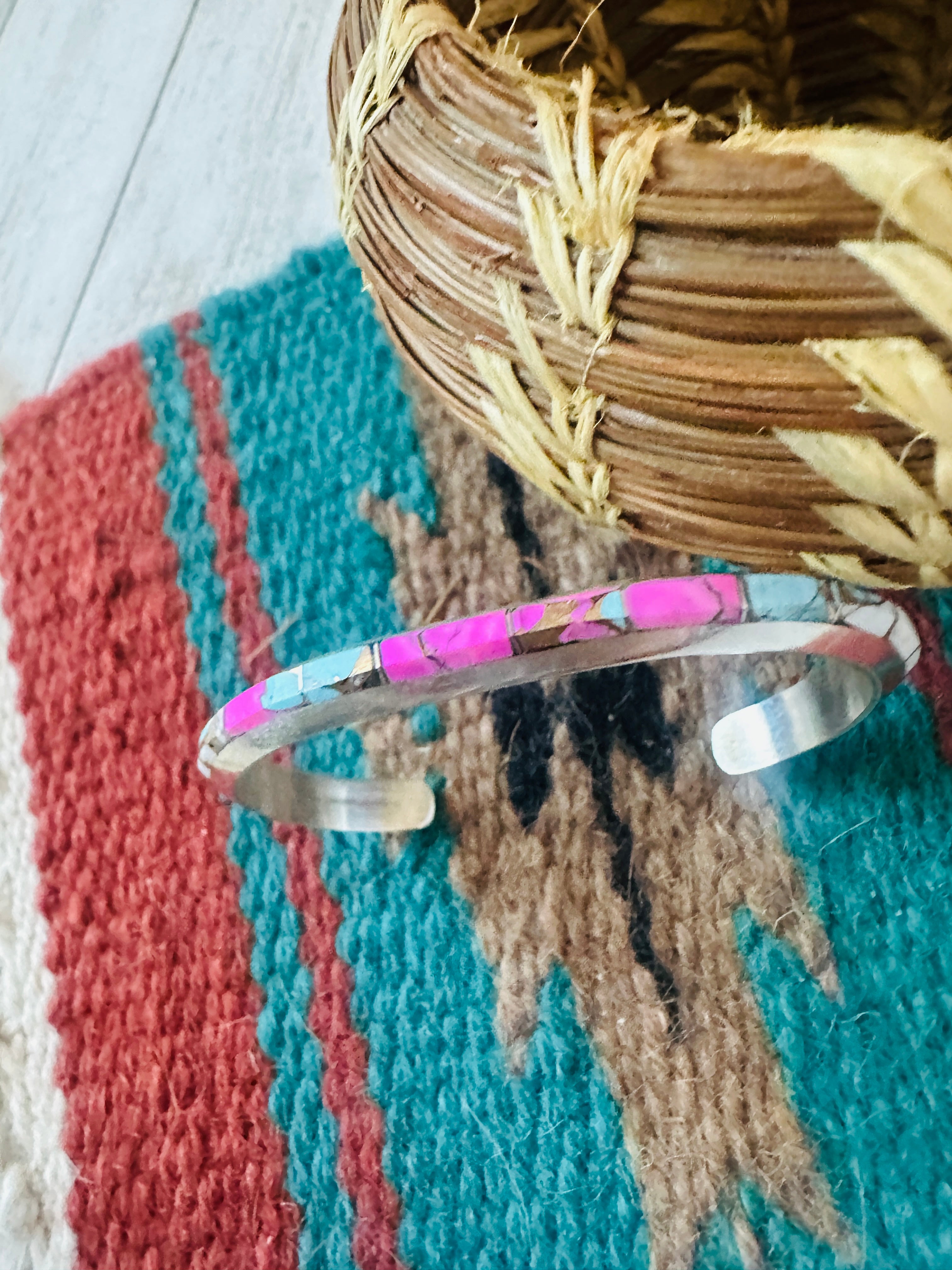 Handcrafted Cotton Candy & Sterling Silver Inlay Cuff Bracelet