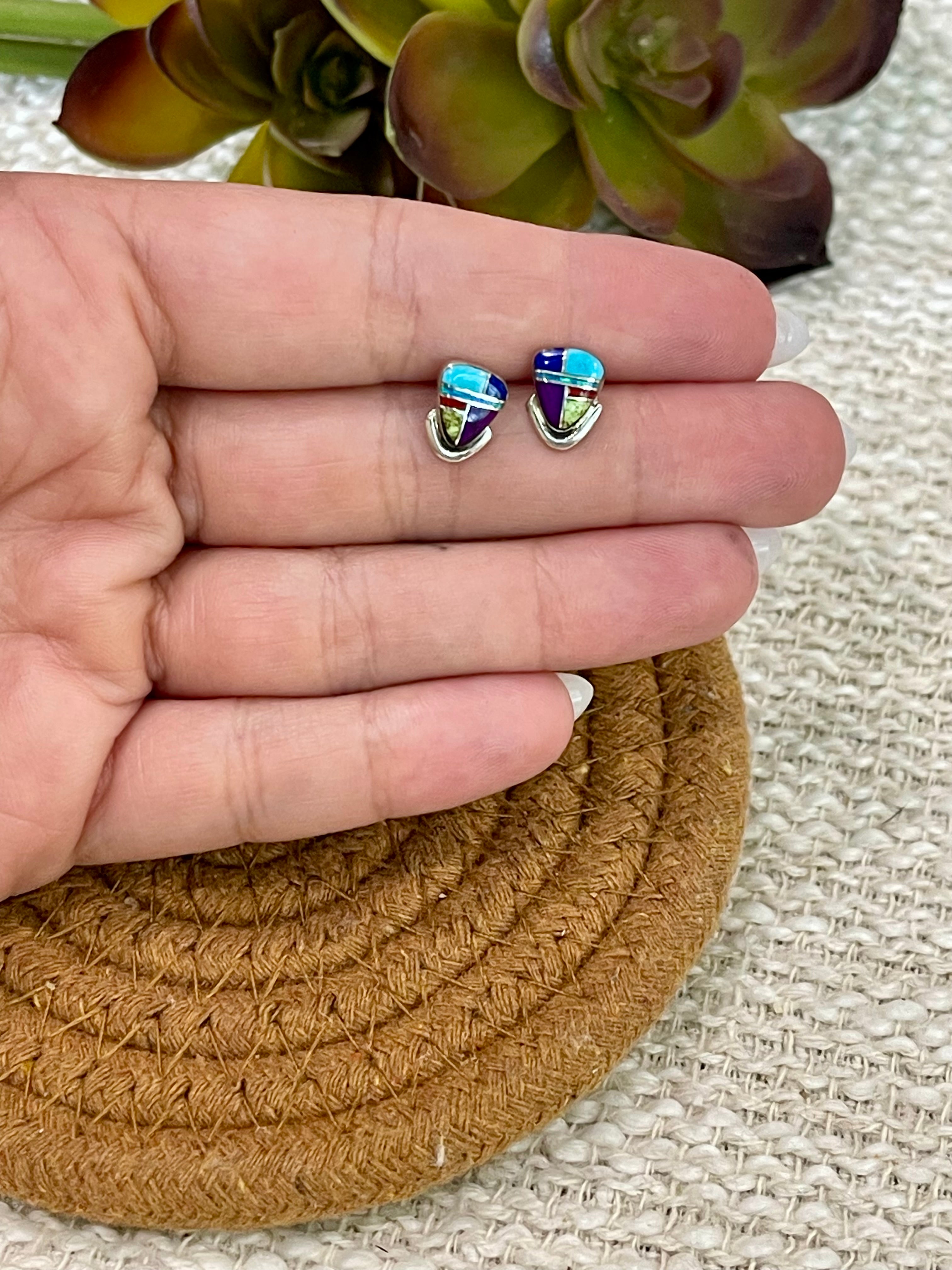 Beautiful Handmade Sterling Silver & Multi Stone Inlay Stud Earrings