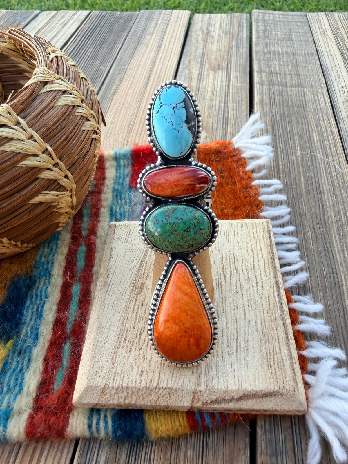 Handcrafted Spiny Oyster, Turquoise & Sterling Silver Adjustable Ring