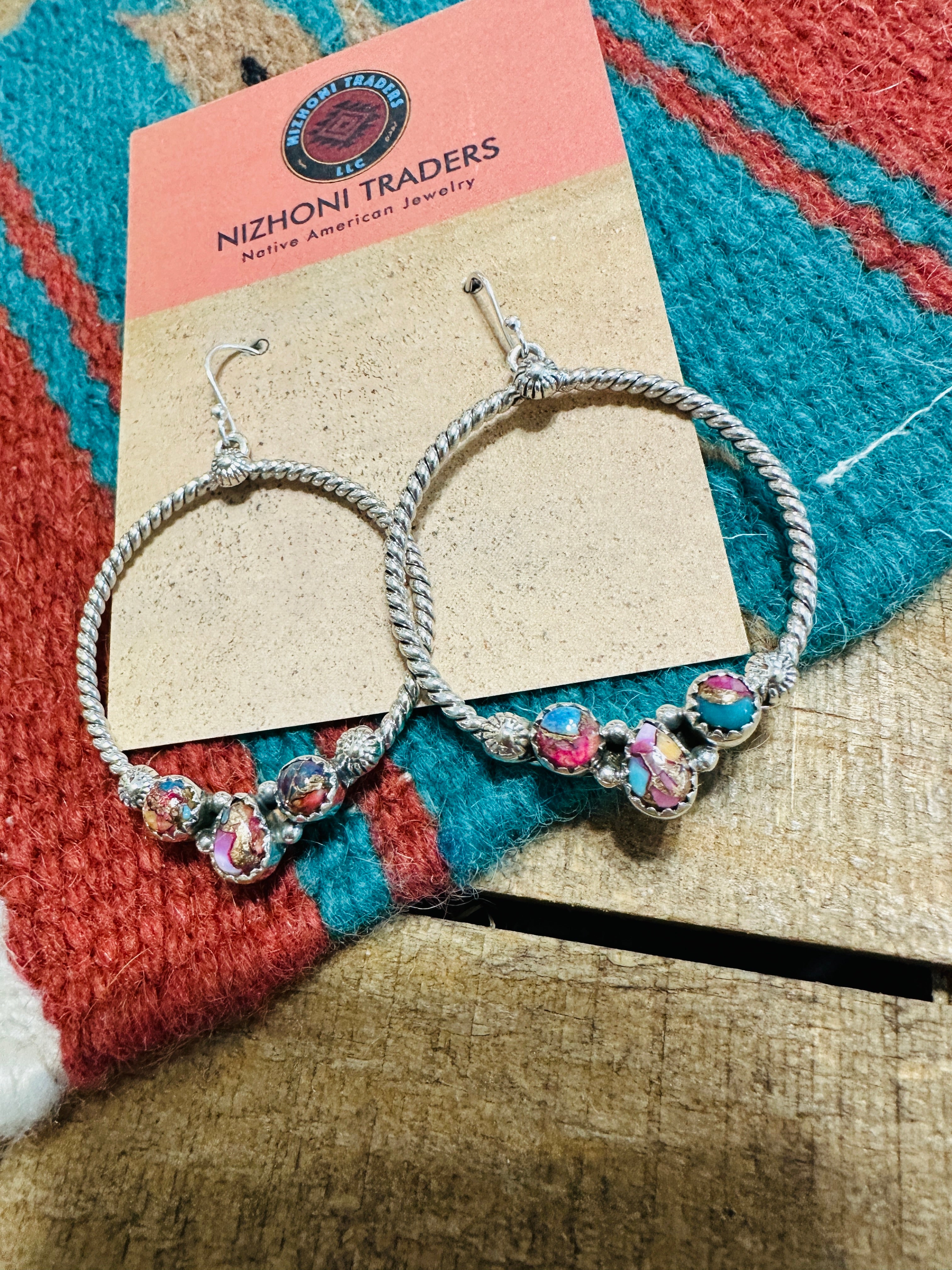 Handmade Pink Dream Mojave & Sterling Silver Dangle Hoop Earrings Signed Nizhoni