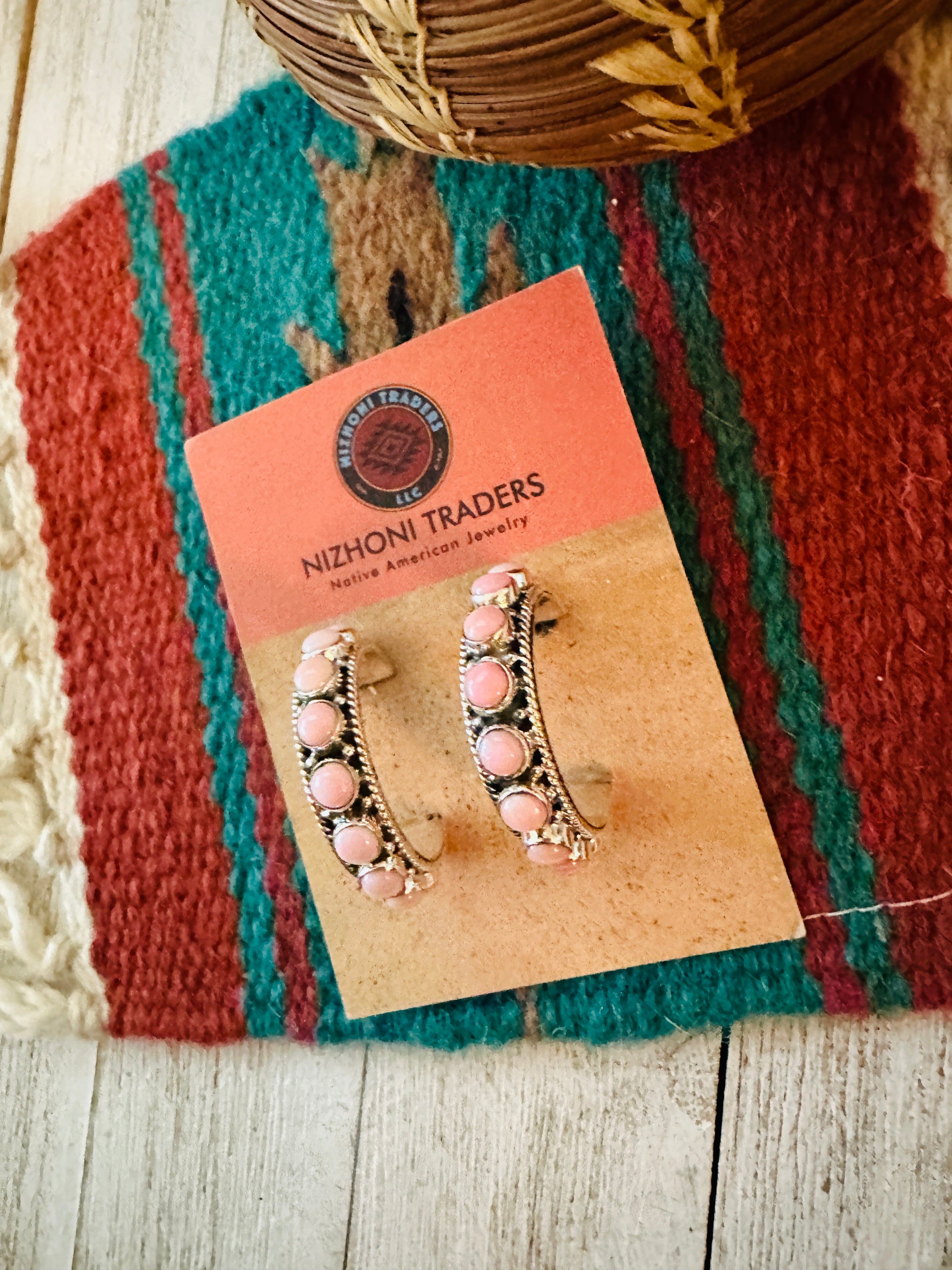 Navajo Sterling Silver & Queen Pink Conch Shell Hoop Earrings