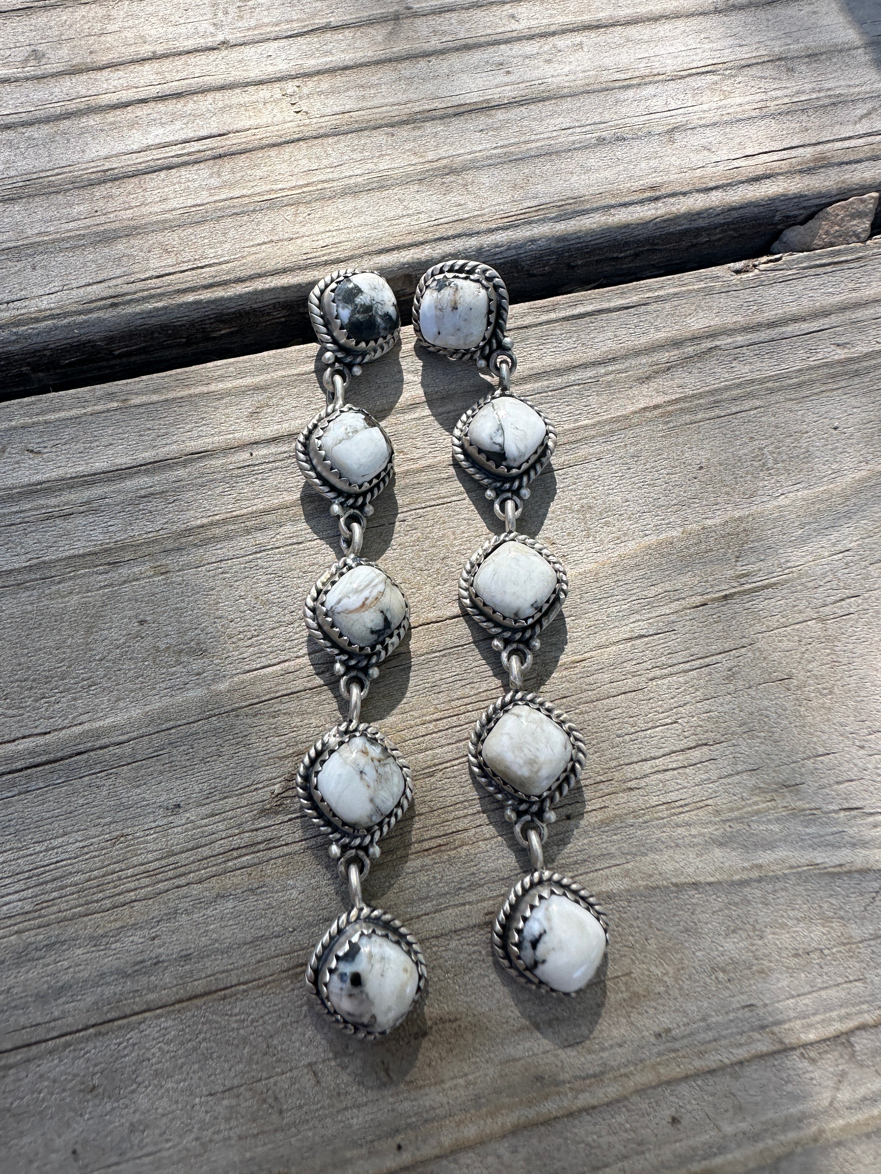 Handmade White Buffalo & Sterling Silver 5 Stone Dangle Earrings