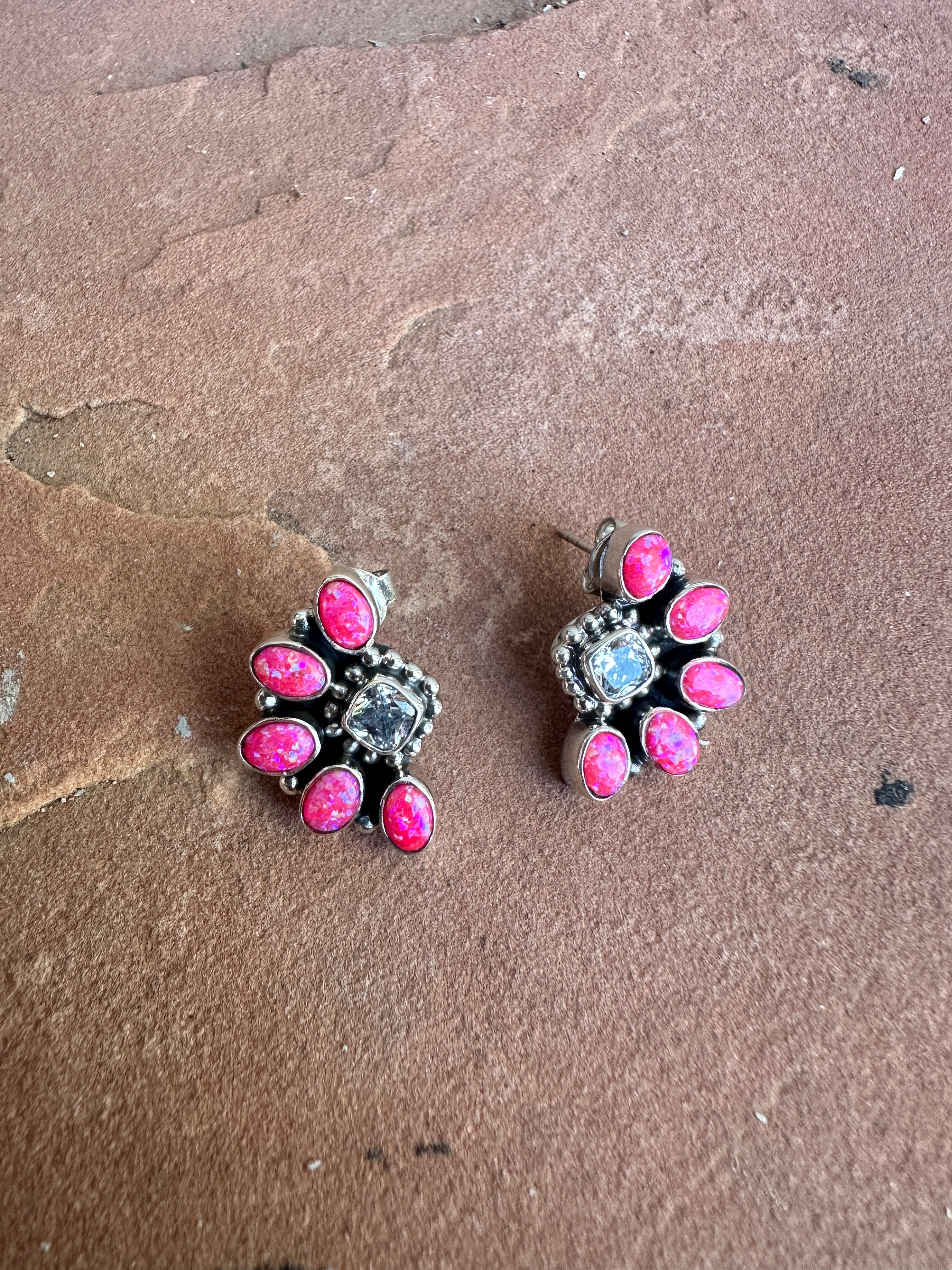 Handmade Hot Pink Fire Opal, CZ & Sterling Silver Cluster Crescent Post Earrings