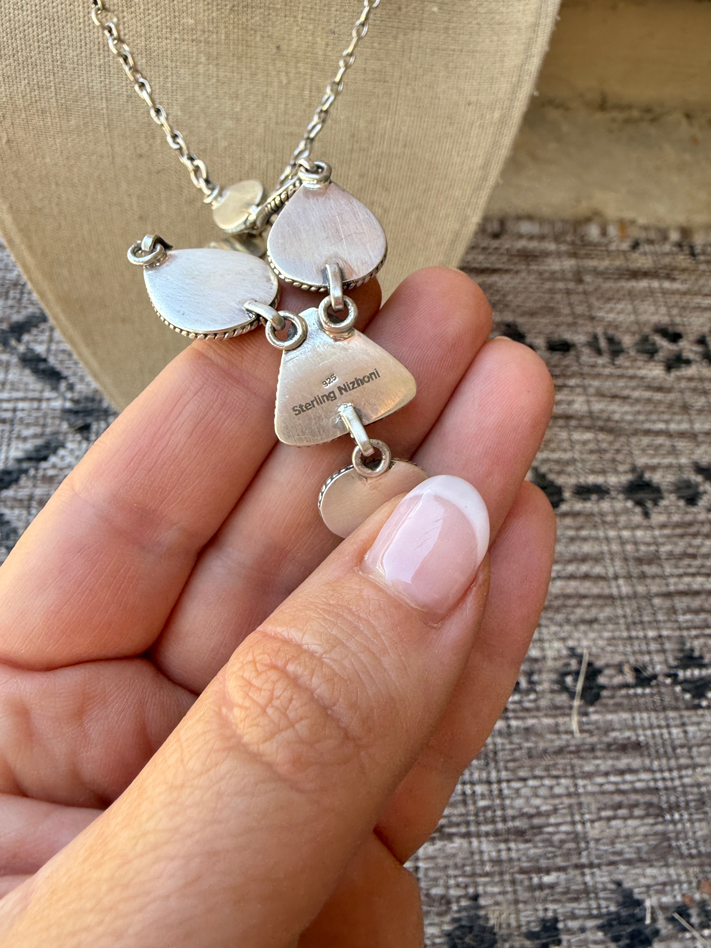 Handmade Sterling Silver Starfox Variscite Lariat Necklace Signed Nizhoni