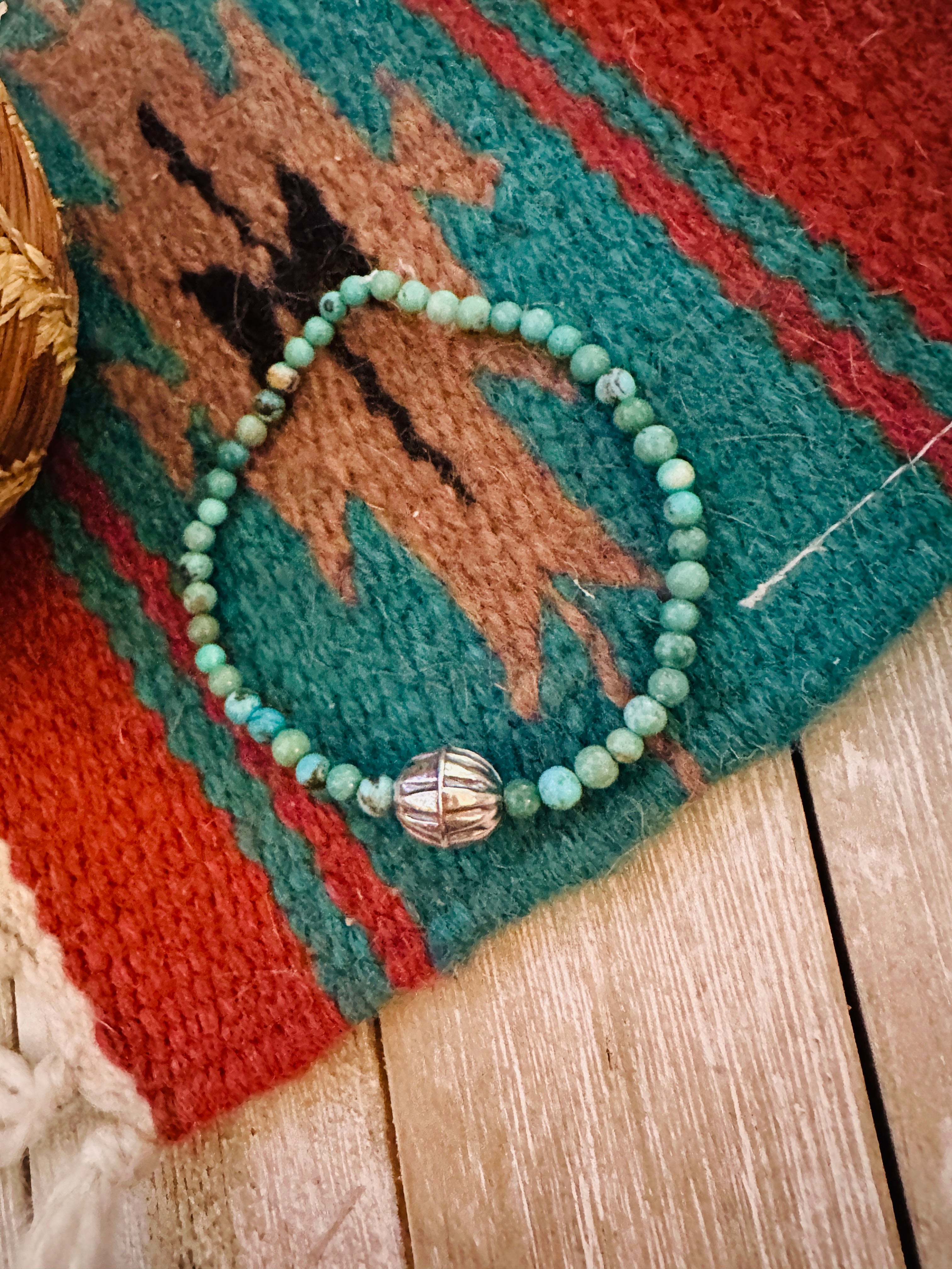 Handcrafted Turquoise & Sterling Silver Beaded Stretch Bracelet