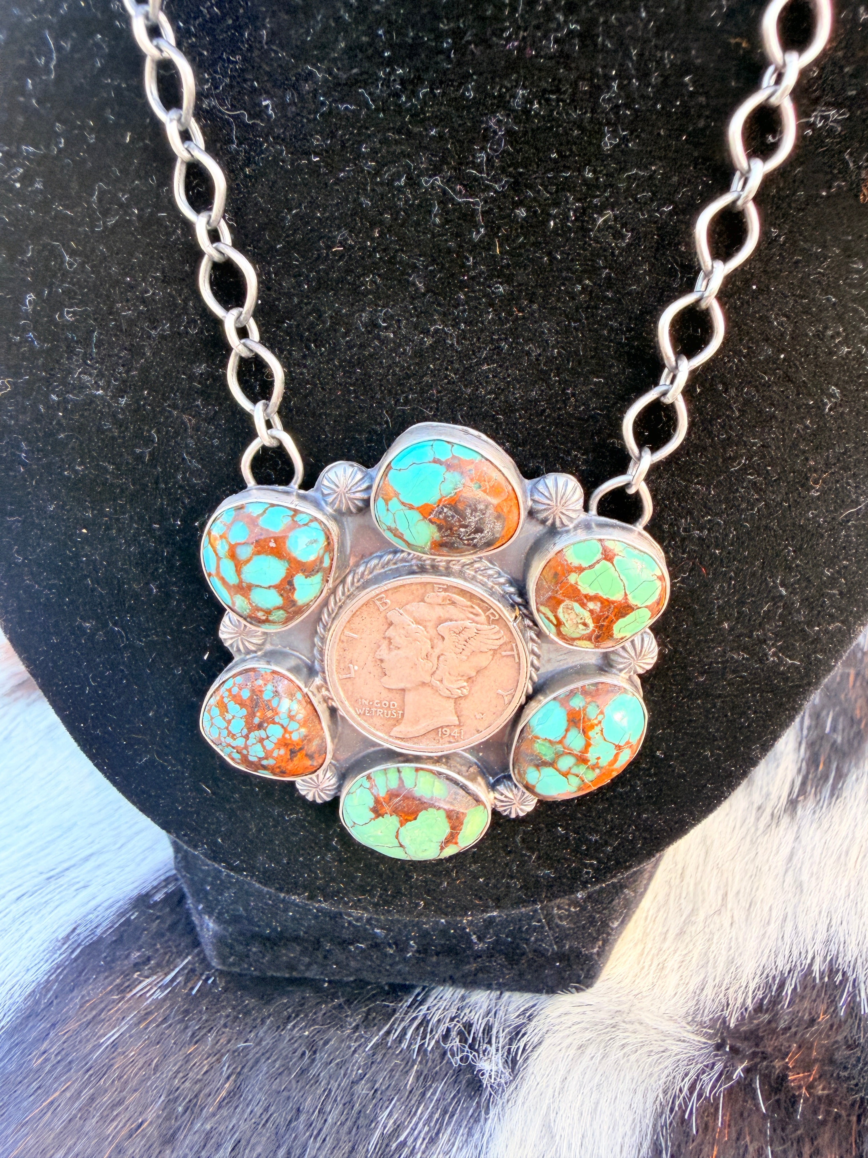 Handcrafted Number 8 Turquoise & Sterling Silver Liberty Dime Necklace by Sheila Tso