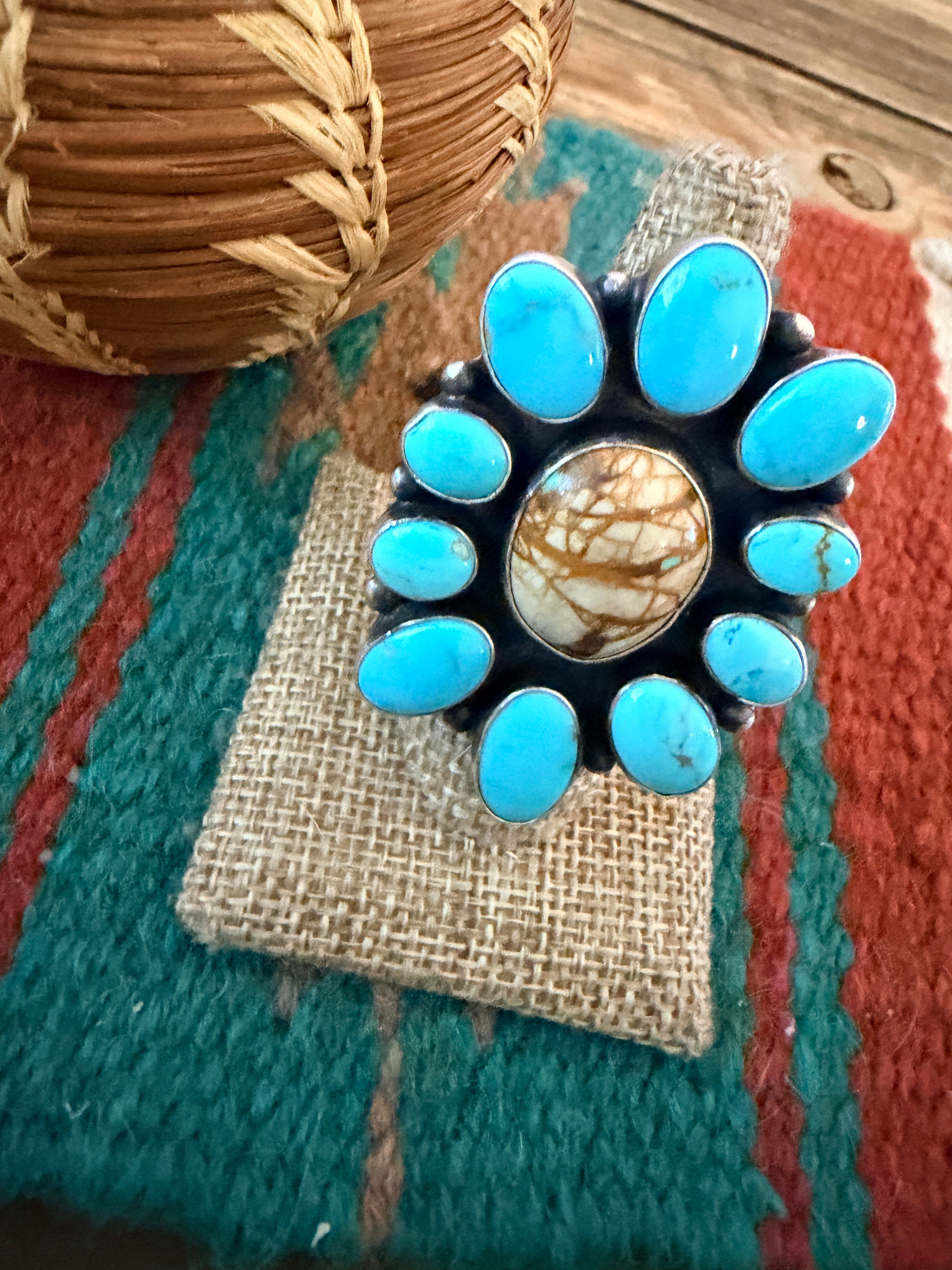 Handcrafted Multi Turquoise & Sterling Silver Ring Size 7.75 by Ella Peter