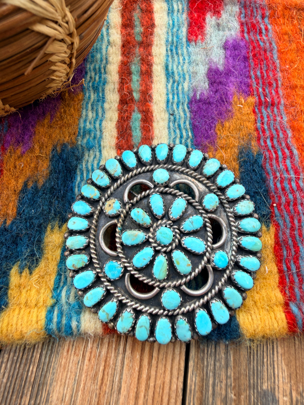 Old Pawn Handcrafted Turquoise and Sterling Silver Cluster Brooch/ Pendant