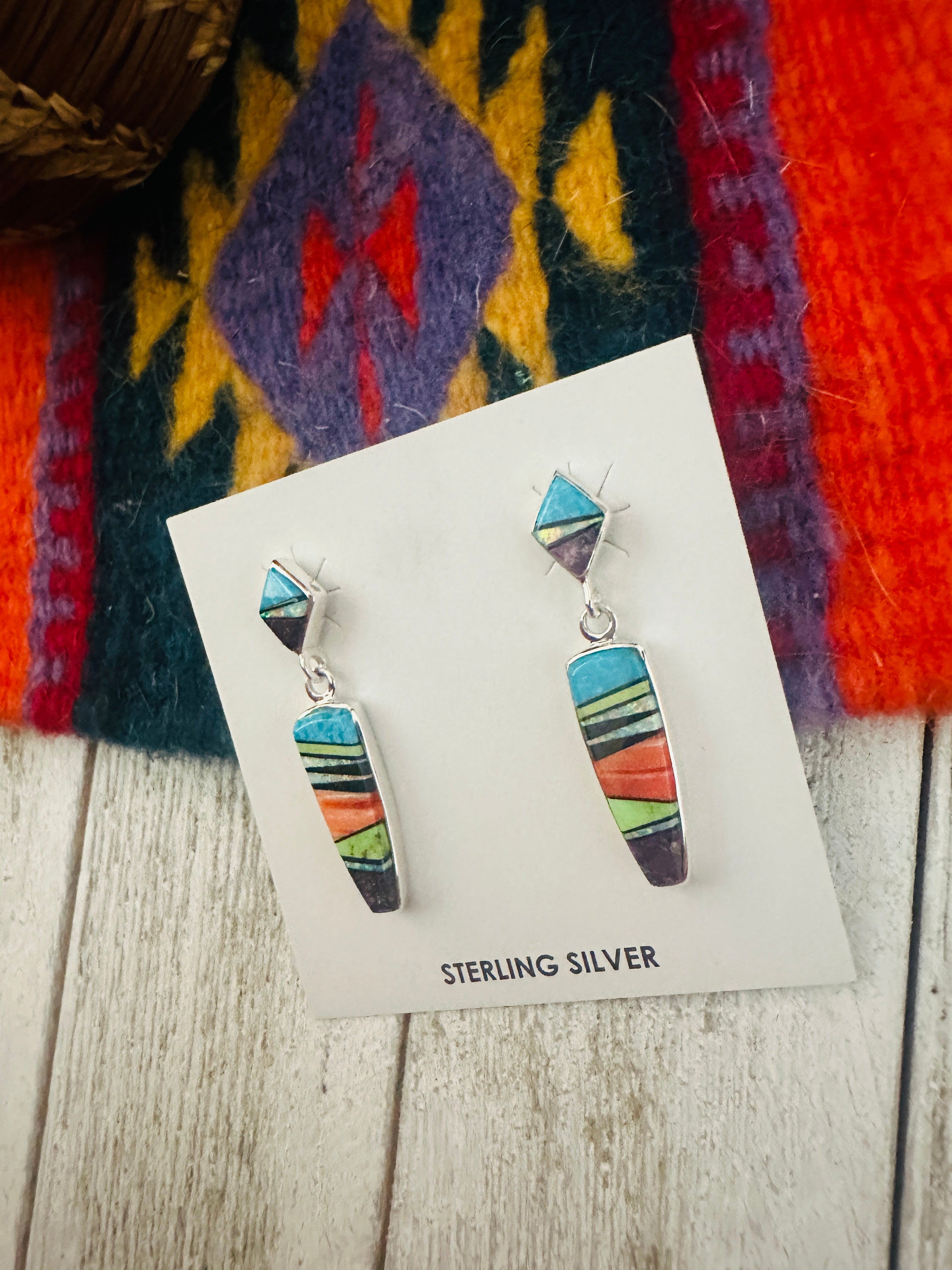 Navajo Multi Stone & Sterling Silver Inlay Dangle Earrings