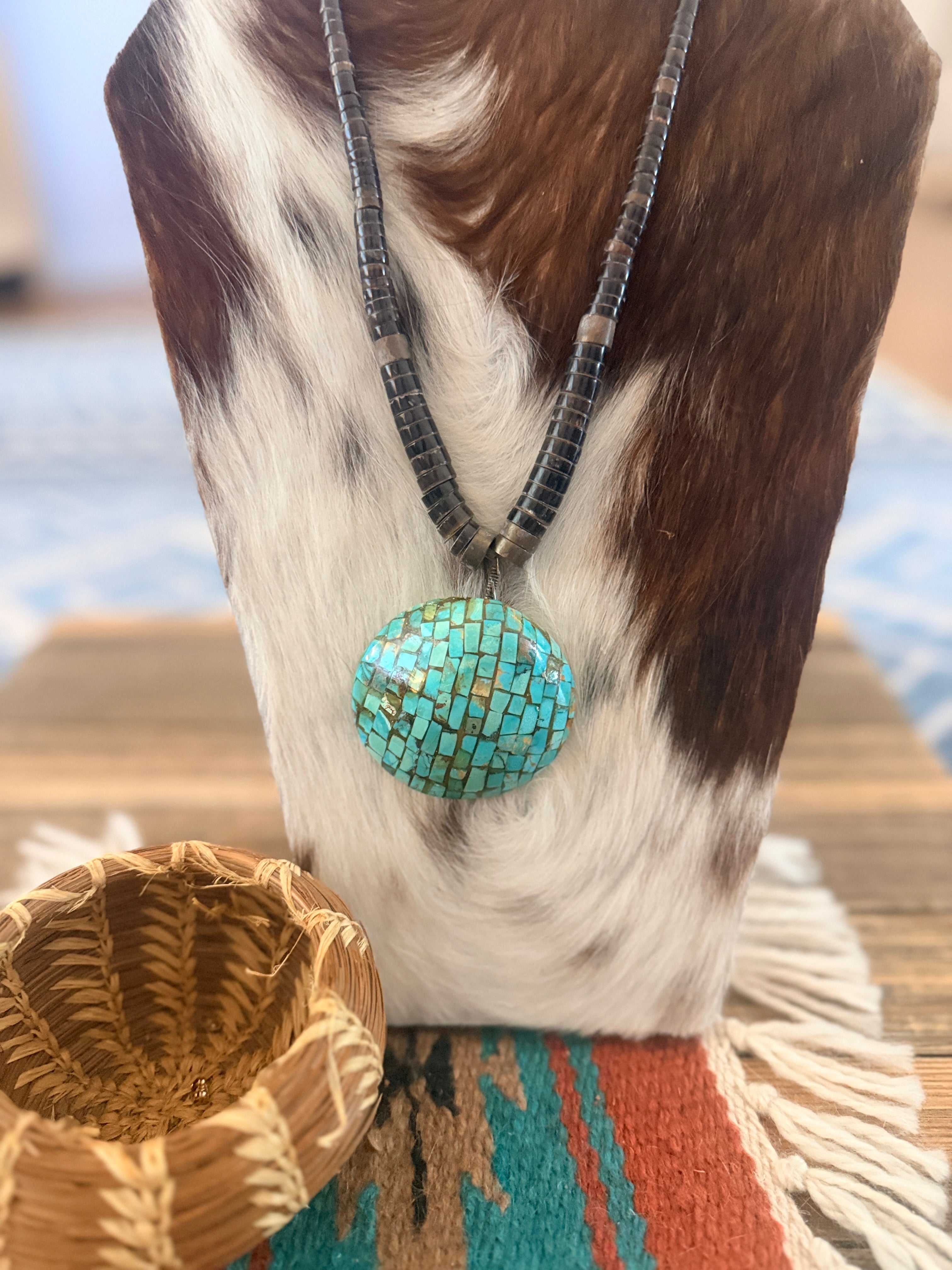 Old Pawn Handcrafted Turquoise and Heishi Shell Mosaic Inlay Beaded Necklace