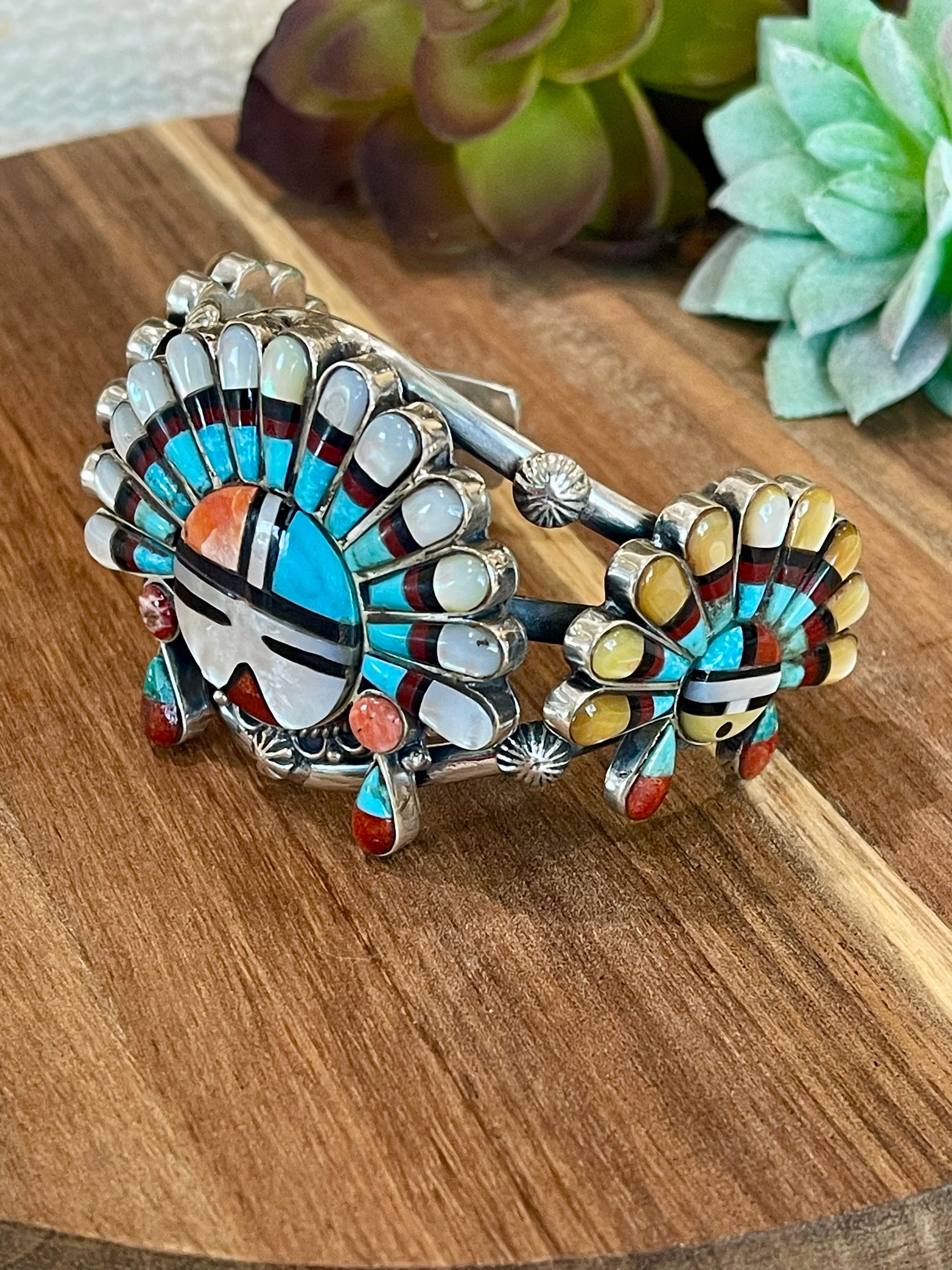 Handmade Sterling Silver & Multistone Sun Face Adjustable  Cuff Bracelet /