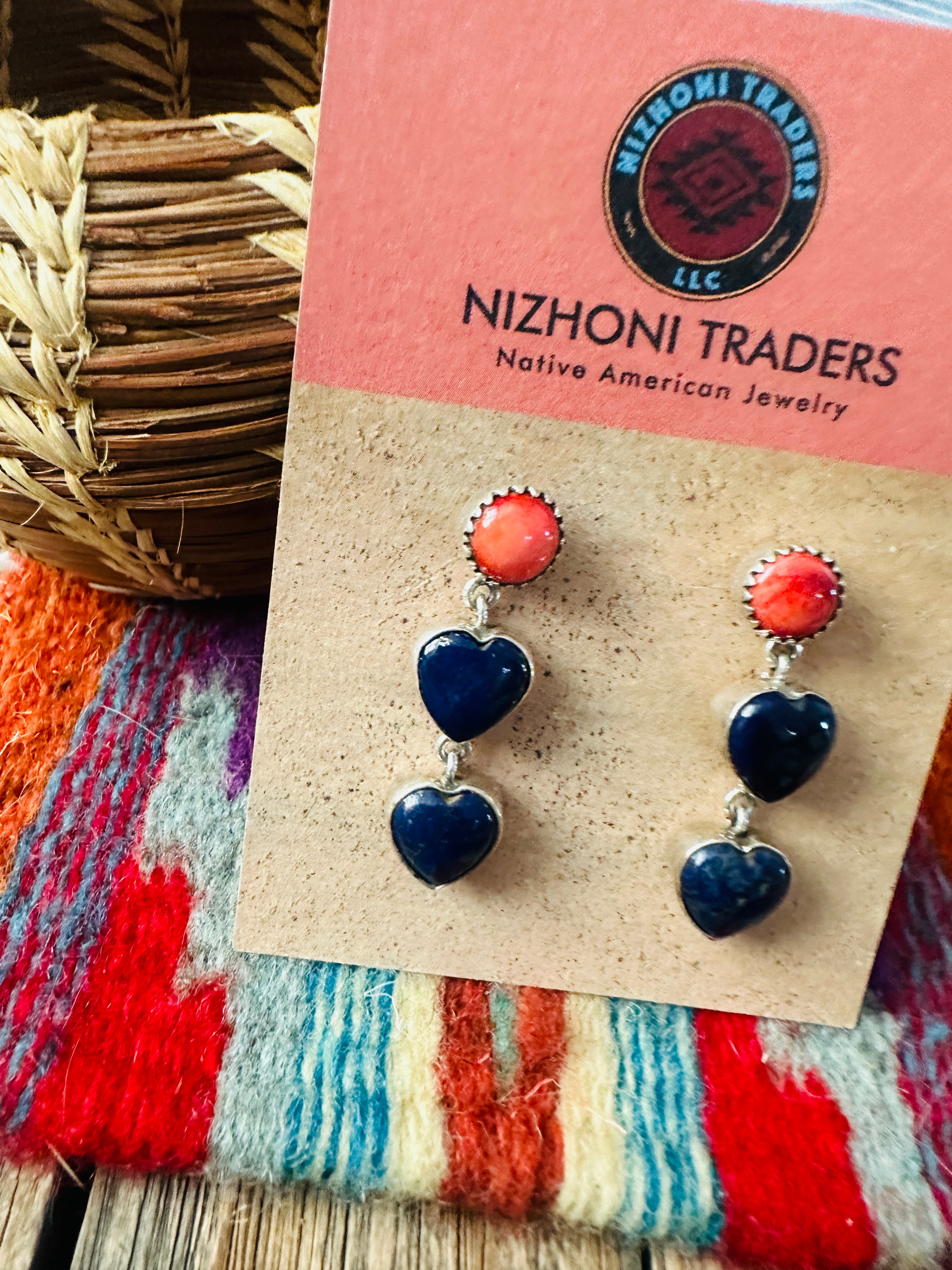 Handcrafted Lapis, Spiny & Sterling Silver Heart Dangle Earrings