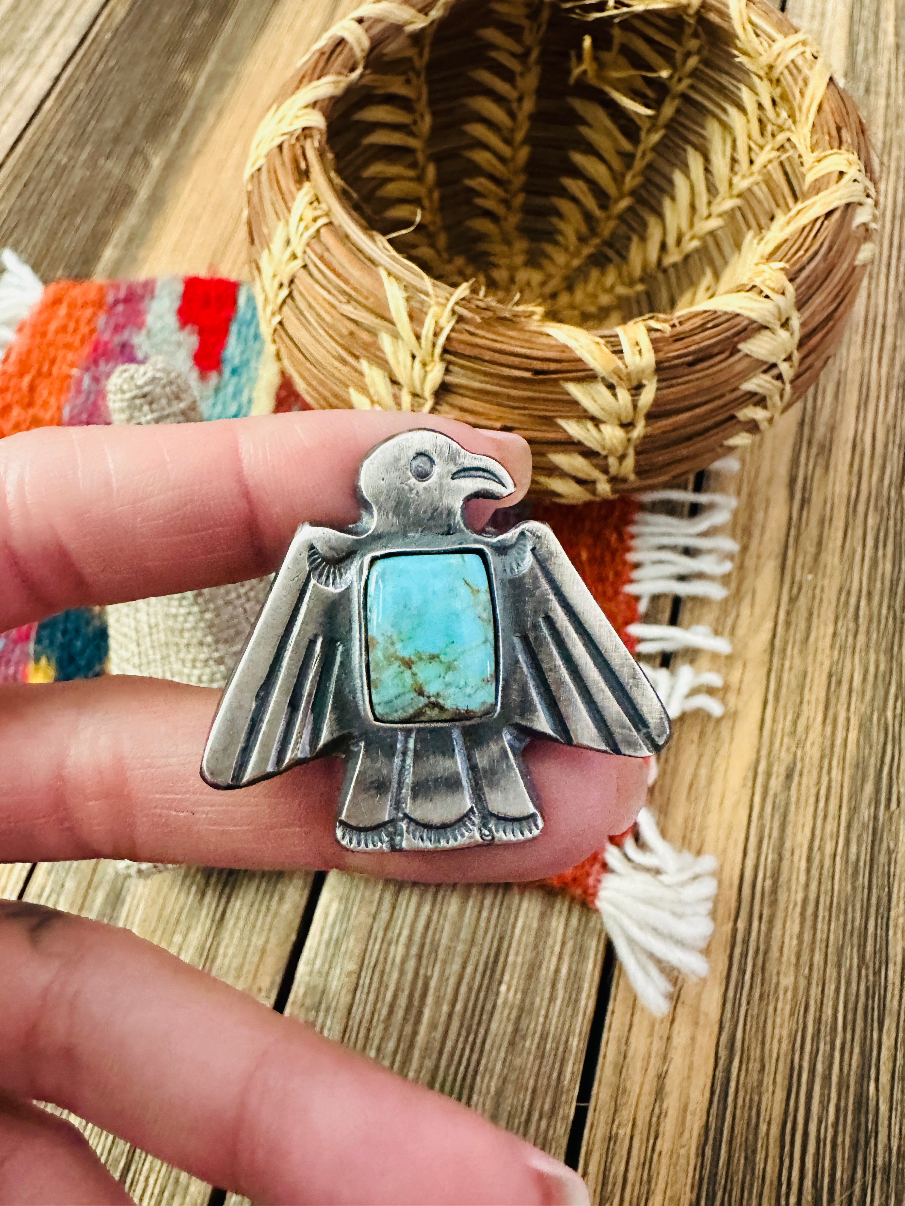 Handcrafted Turquoise and Sterling Silver Thunderbird Ring size 8 by Chimney Butte