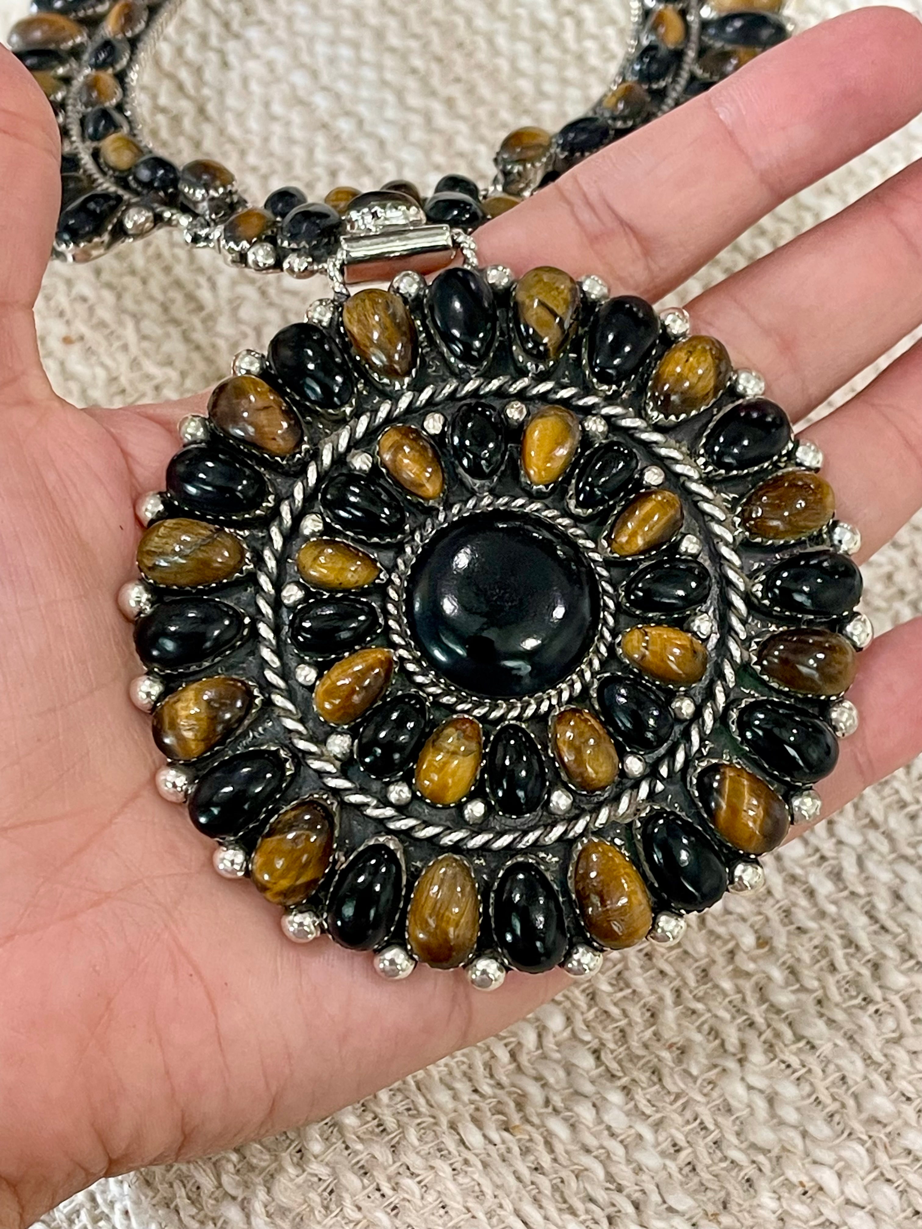 Beautiful Handmade Onyx, Tiger’s Eye & Sterling Silver Cluster Necklace And Earring set