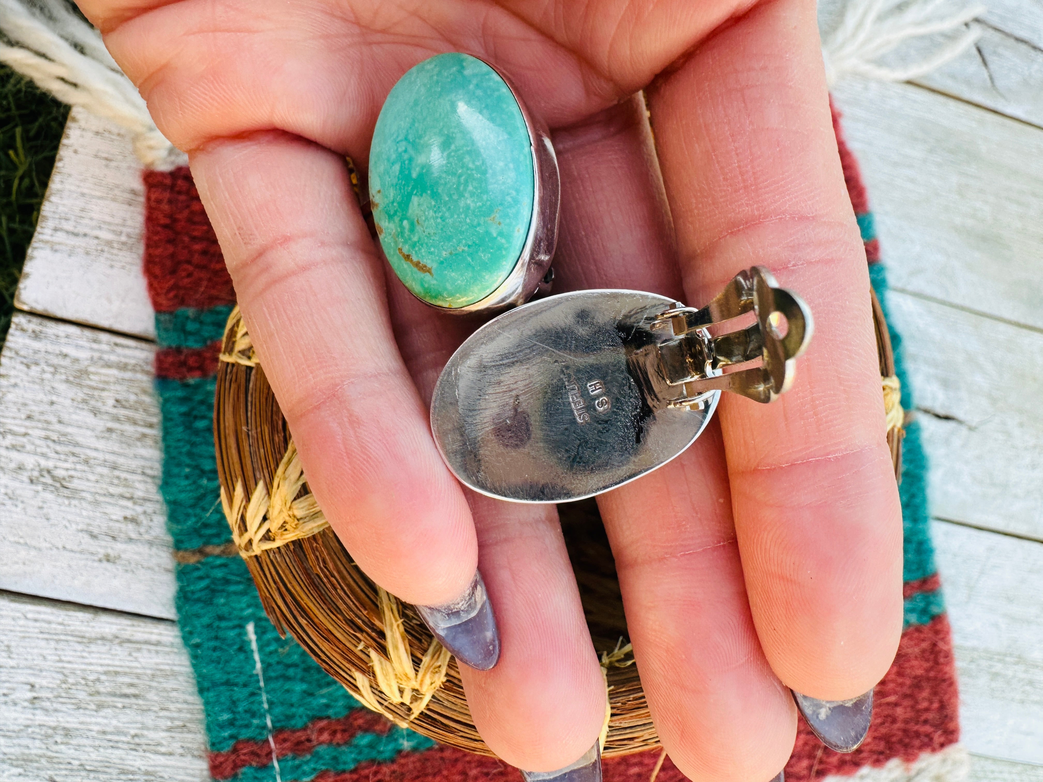 Handcrafted Kingman Turquoise & Sterling Silver Clip On Earrings