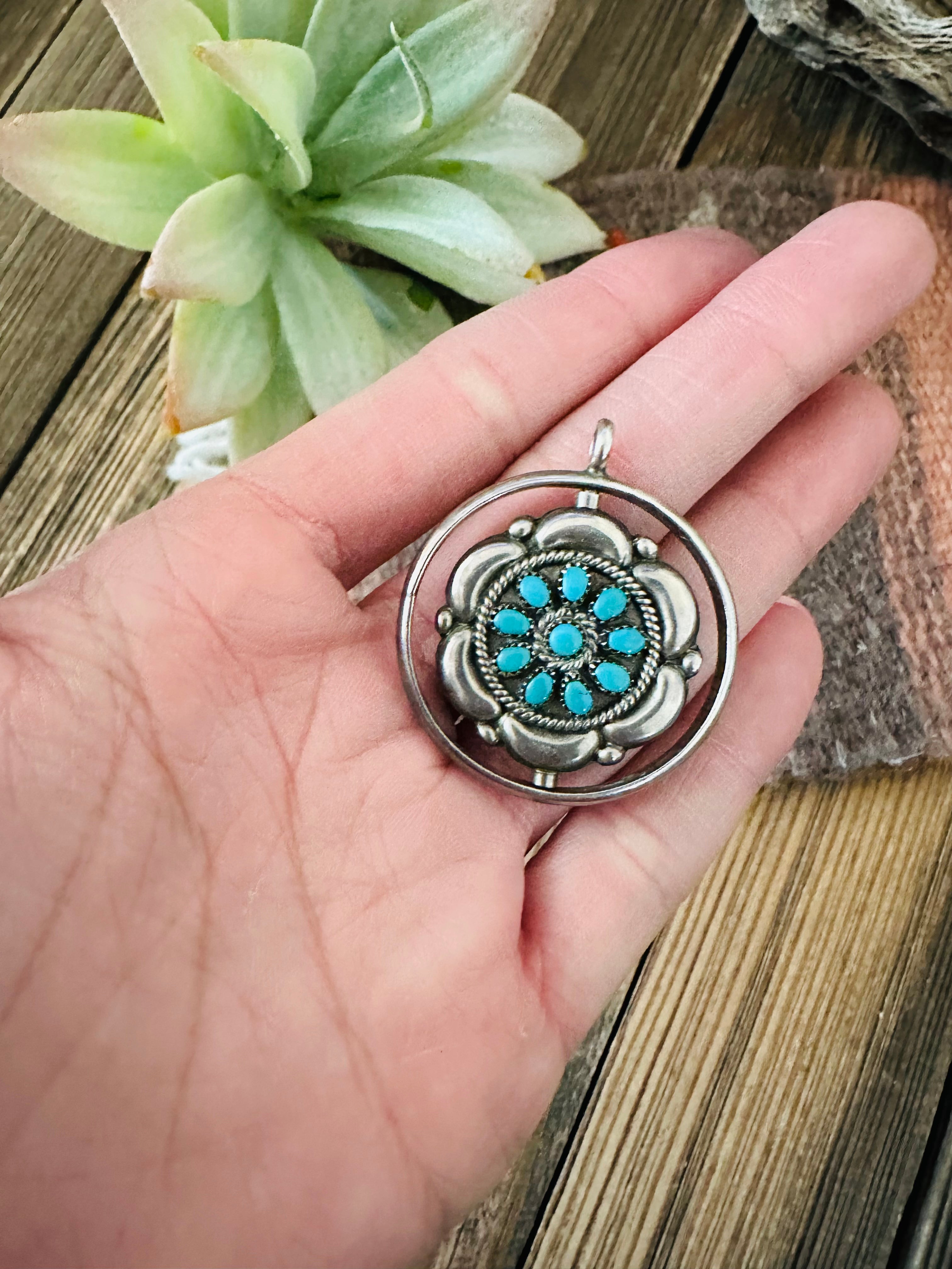 Old Pawn Vintave Navajo Turquoise, Coral & Sterling Silver Double Sided Pendant