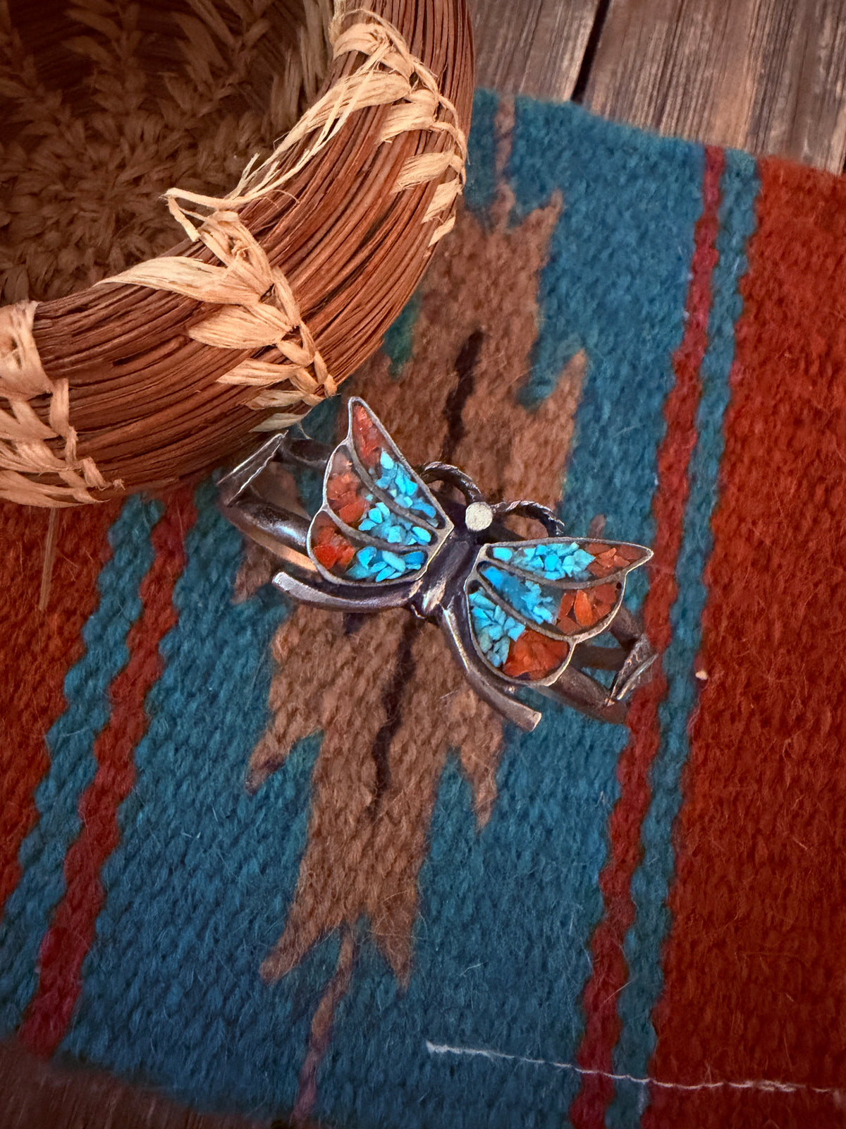 Handcrafted Old Pawn Sterling Silver, Turquoise & Coral Butterfly Cuff Bracelet