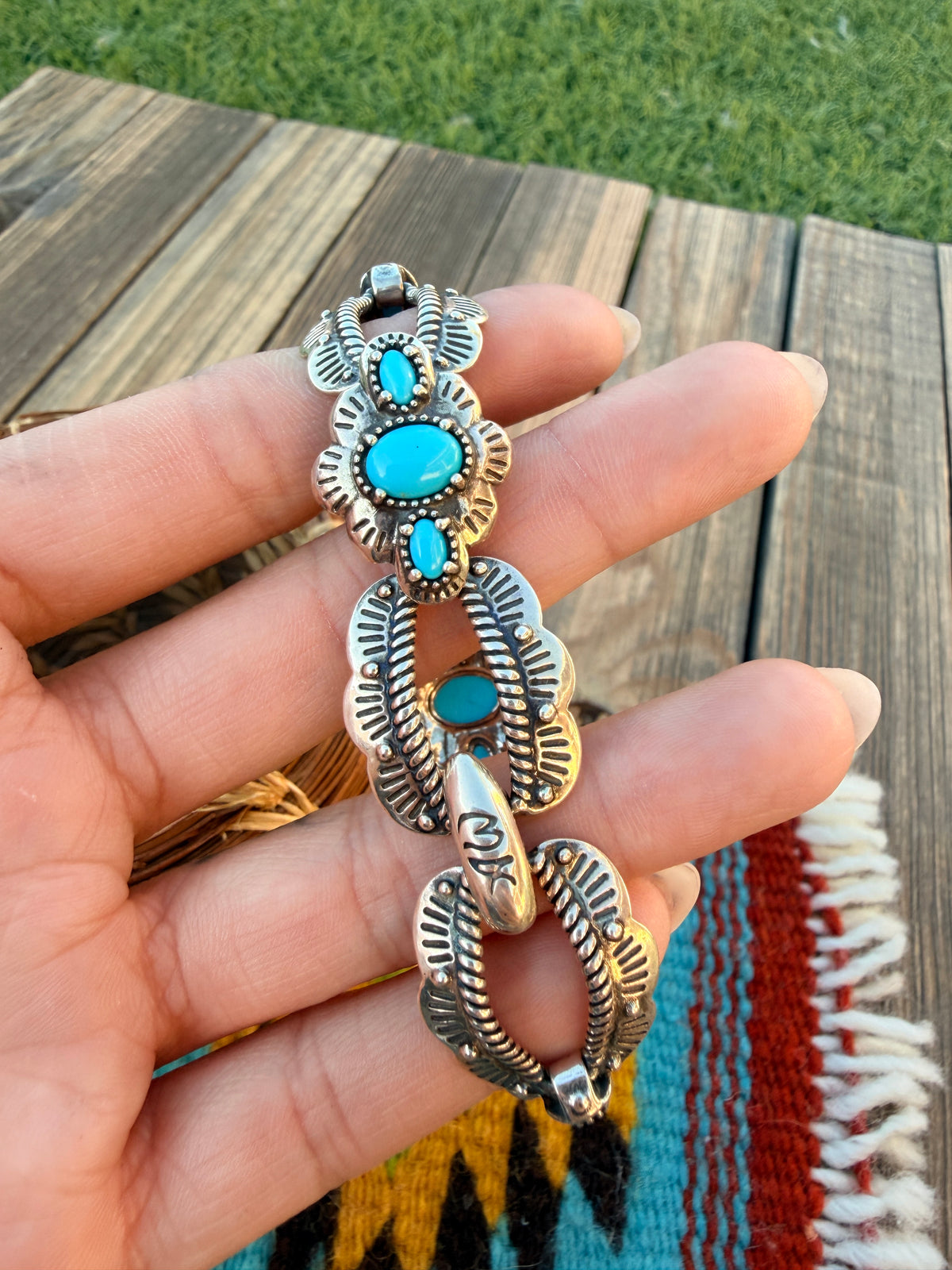 Handcrafted Old Pawn Sterling Silver & Turquoise Link Bracelet