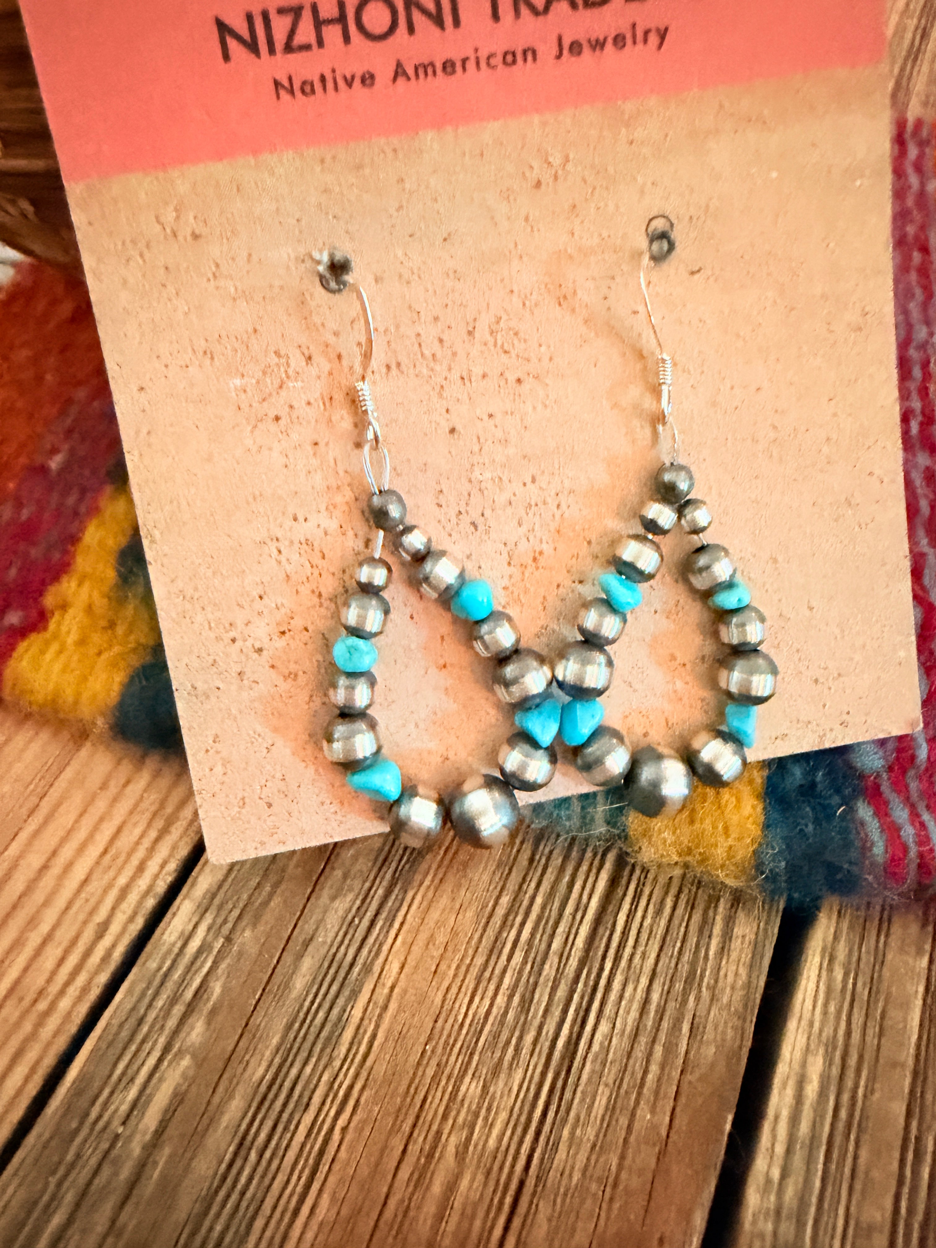 Handcrafted Turquoise & Sterling Silver Pearl Beaded Dangle Hoop Earrings