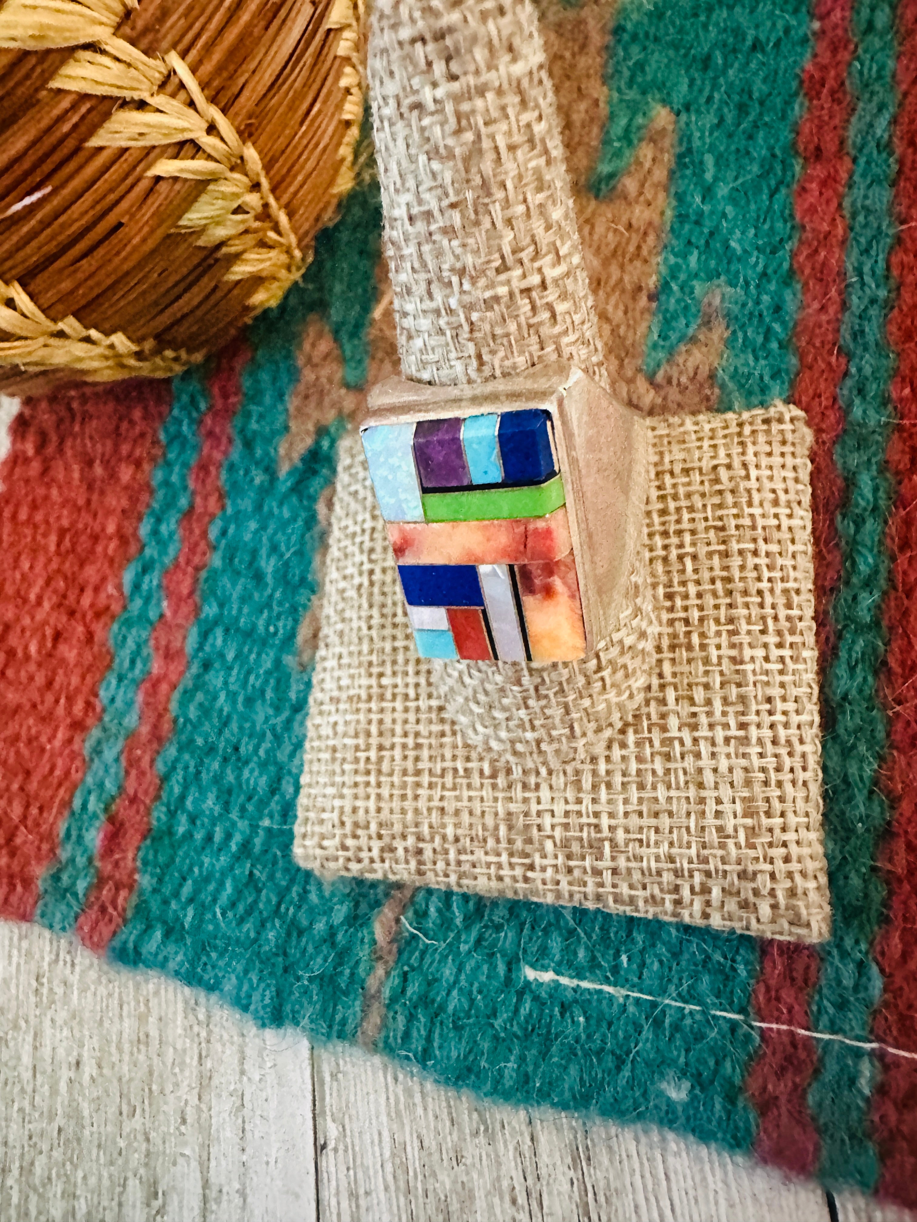 Handcrafted Old Pawn Sterling Silver & Multi Stone Inlay Ring Size 11