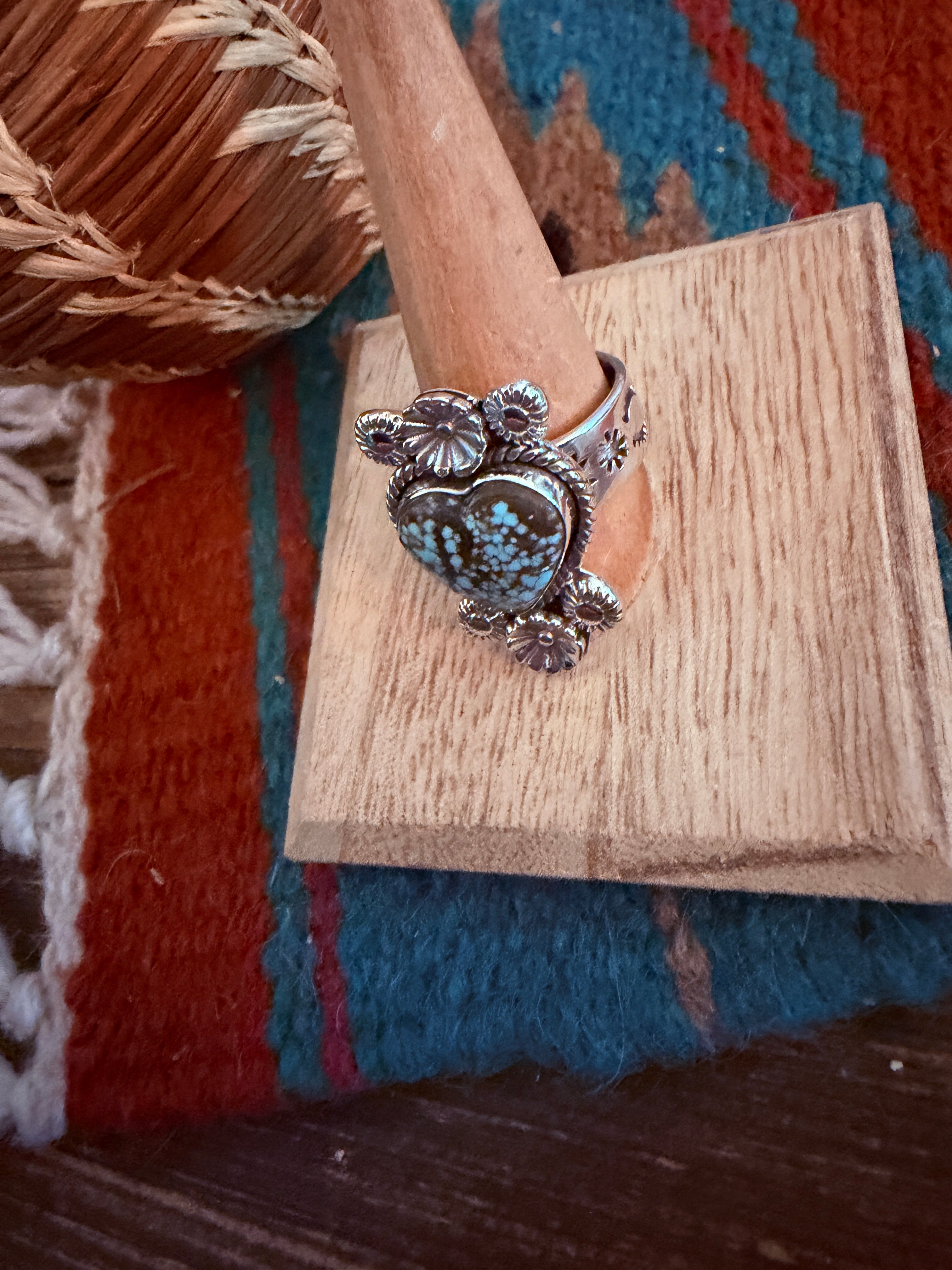 Handmade Sterling Silver Number 8 Turquoise Adjustable Heart Ring Signed Nizhoni