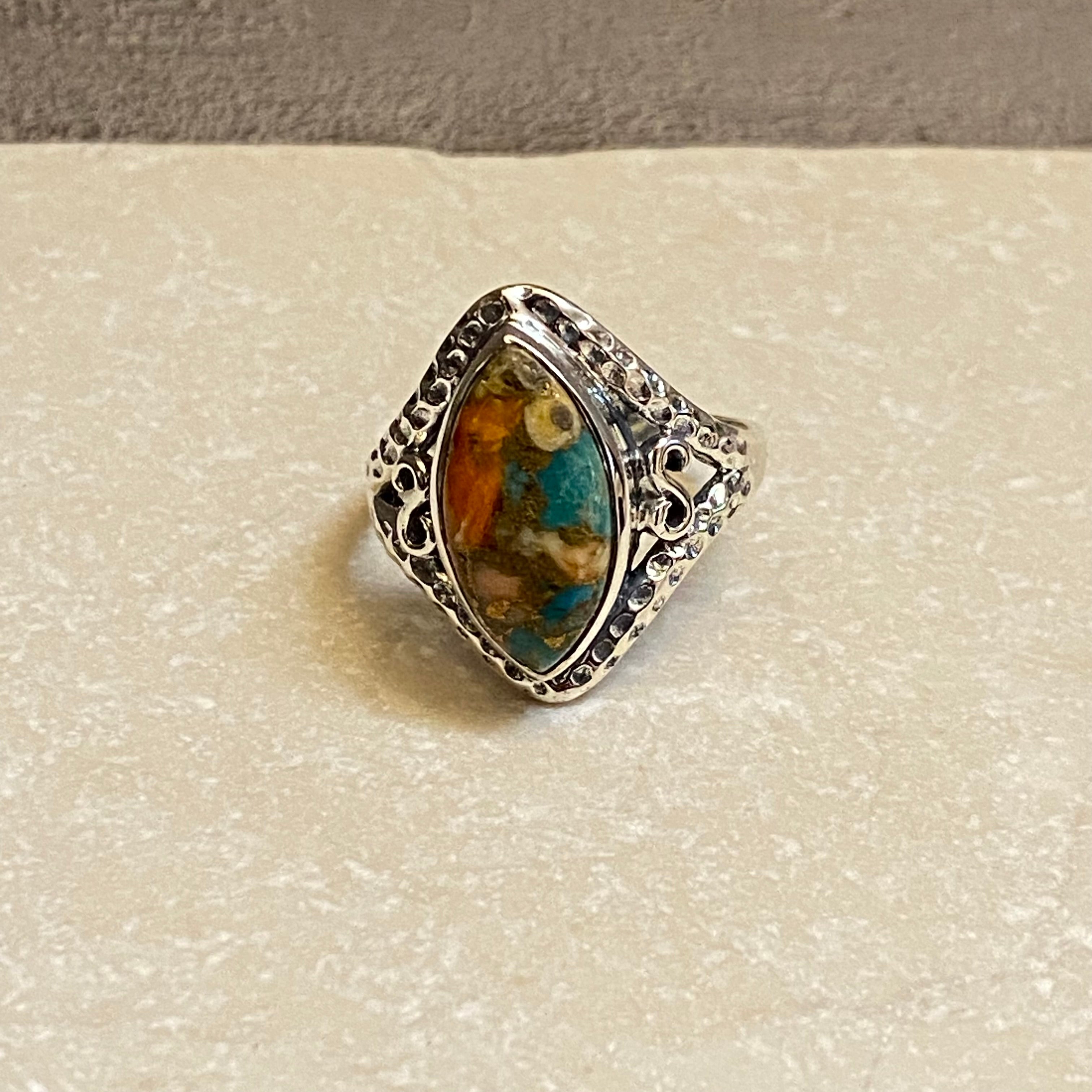 Sterling Silver Orange Spiny Turquoise Ring Size 8.75