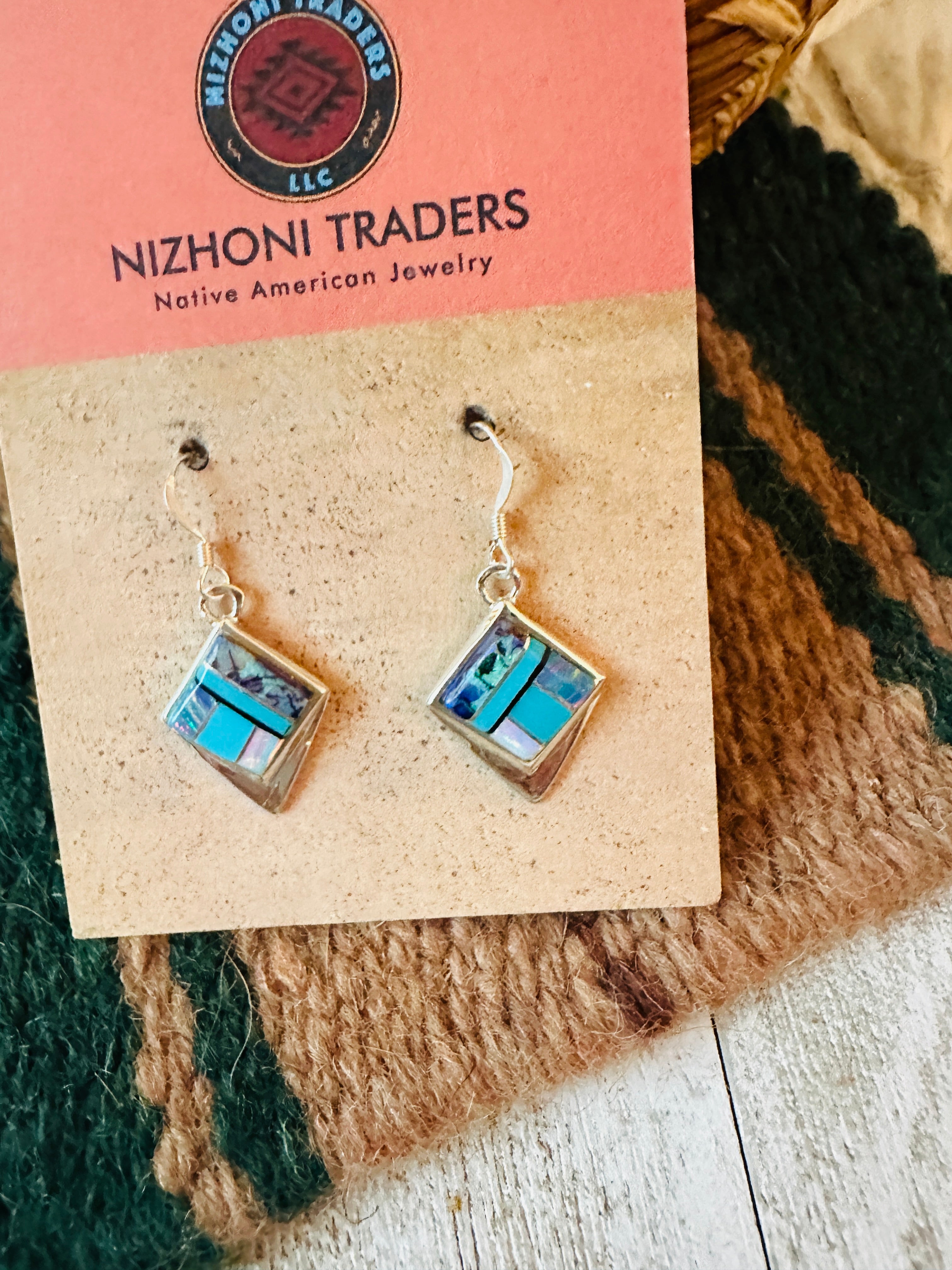 Navajo Sterling Silver & Multi Stone Inlay Dangle Earrings