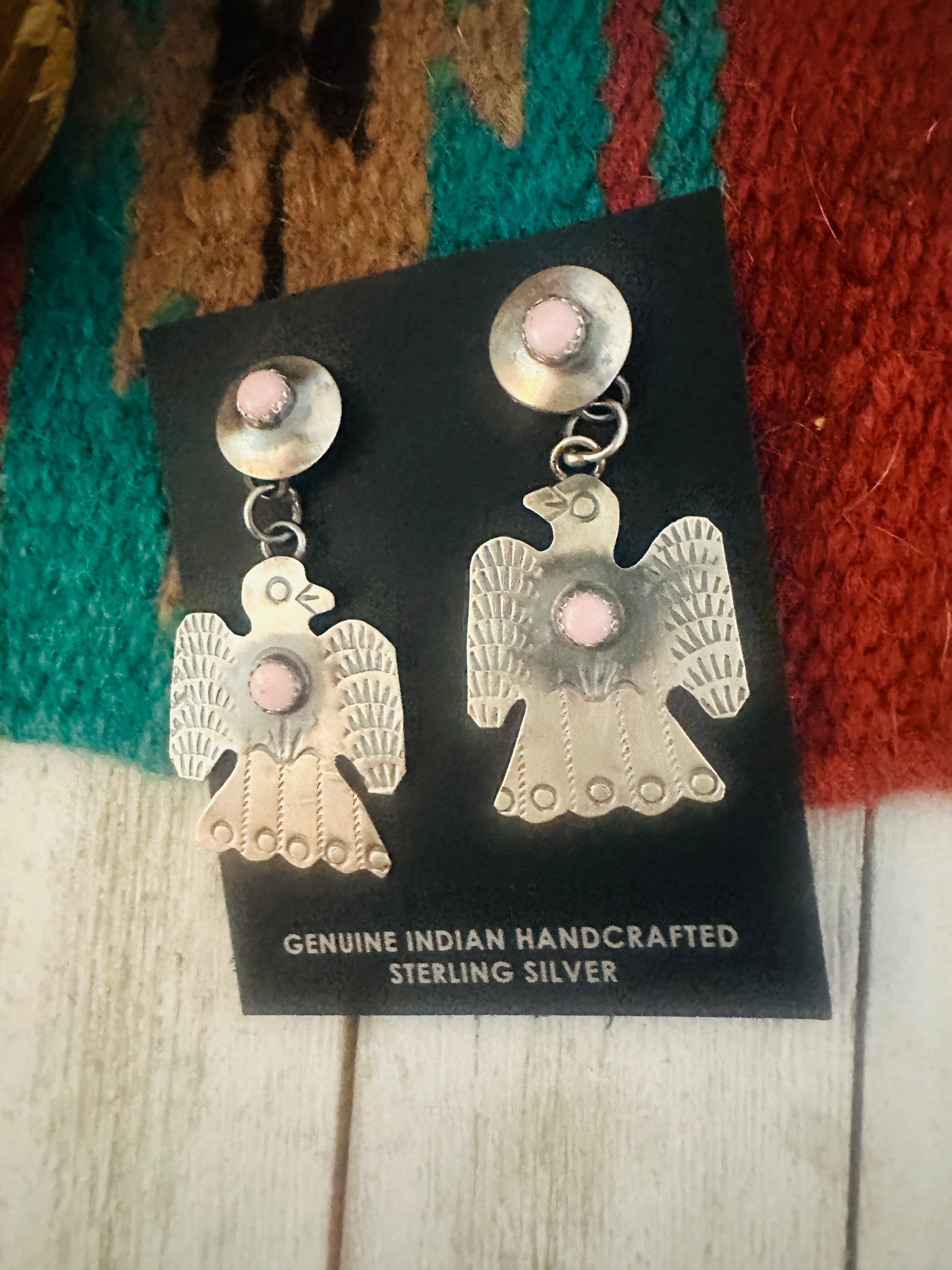 Navajo Queen Pink Conch Shell & Sterling Silver Thunderbird Dangle Earrings