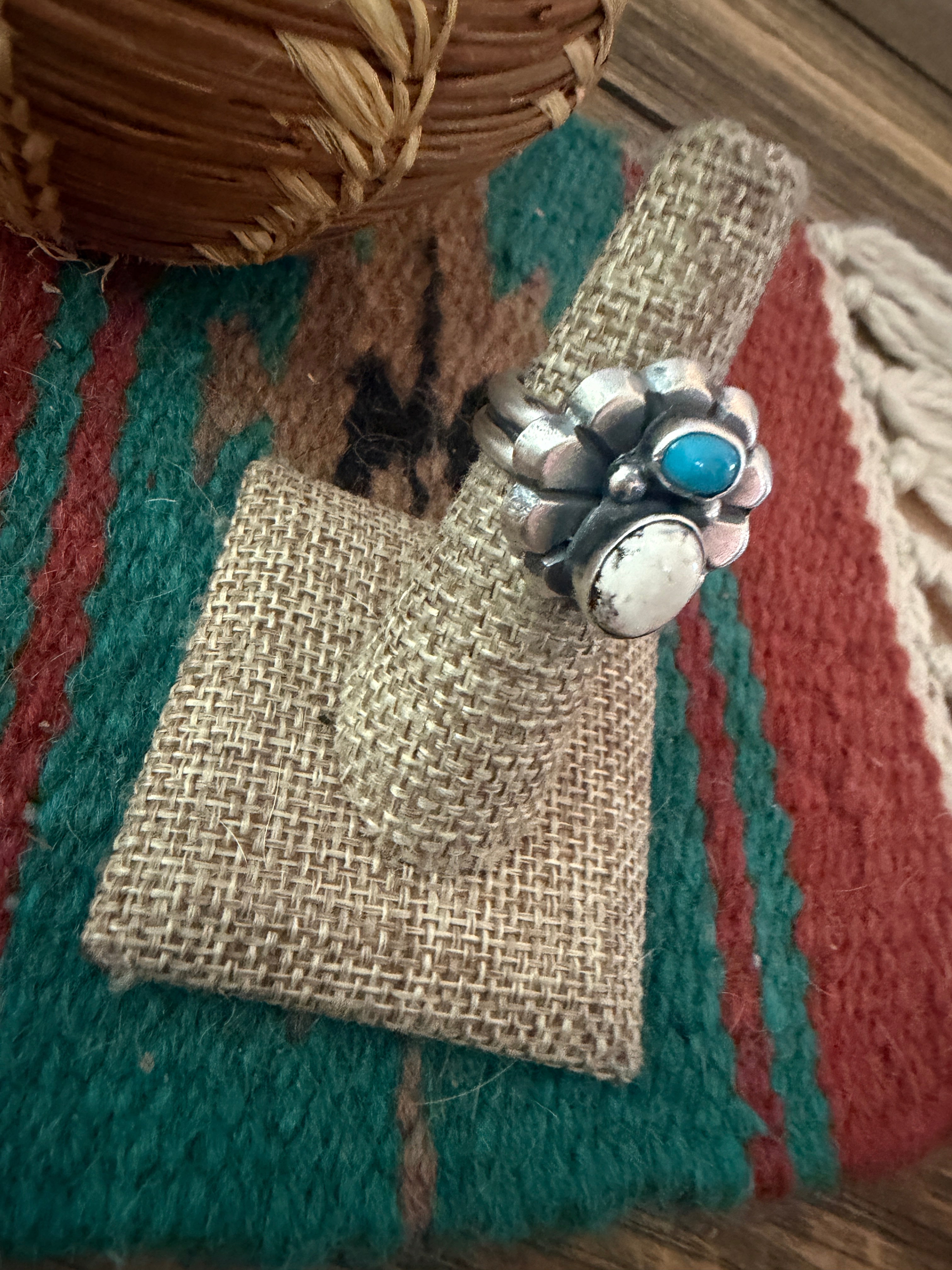 Handcrafted White Buffalo, Turquoise and Sterling Silver Flower Ring size 6.25 by Chimney Butte