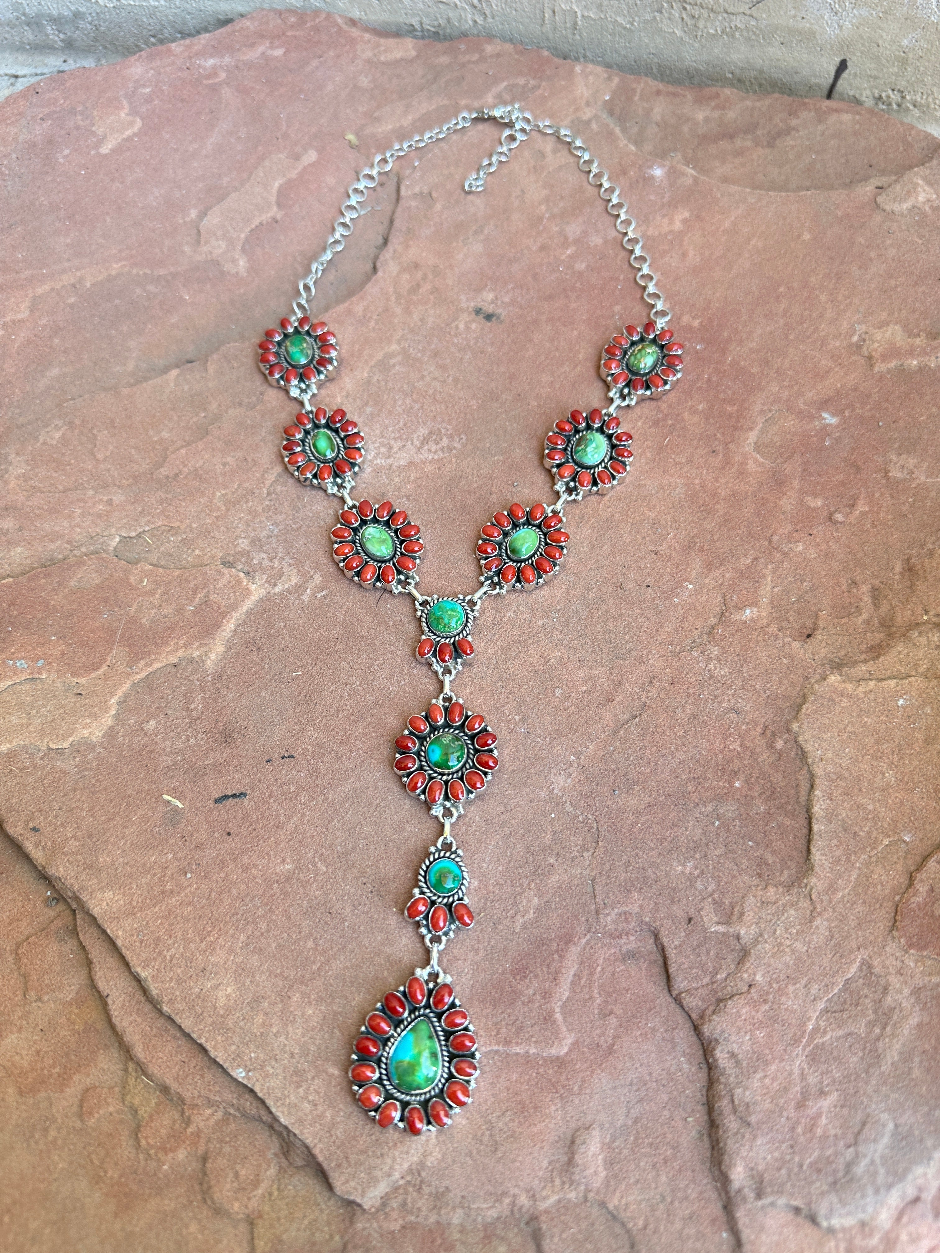 Beautiful Handmade Sterling Silver, Coral & Sonoran Turquoise Lariat Necklace