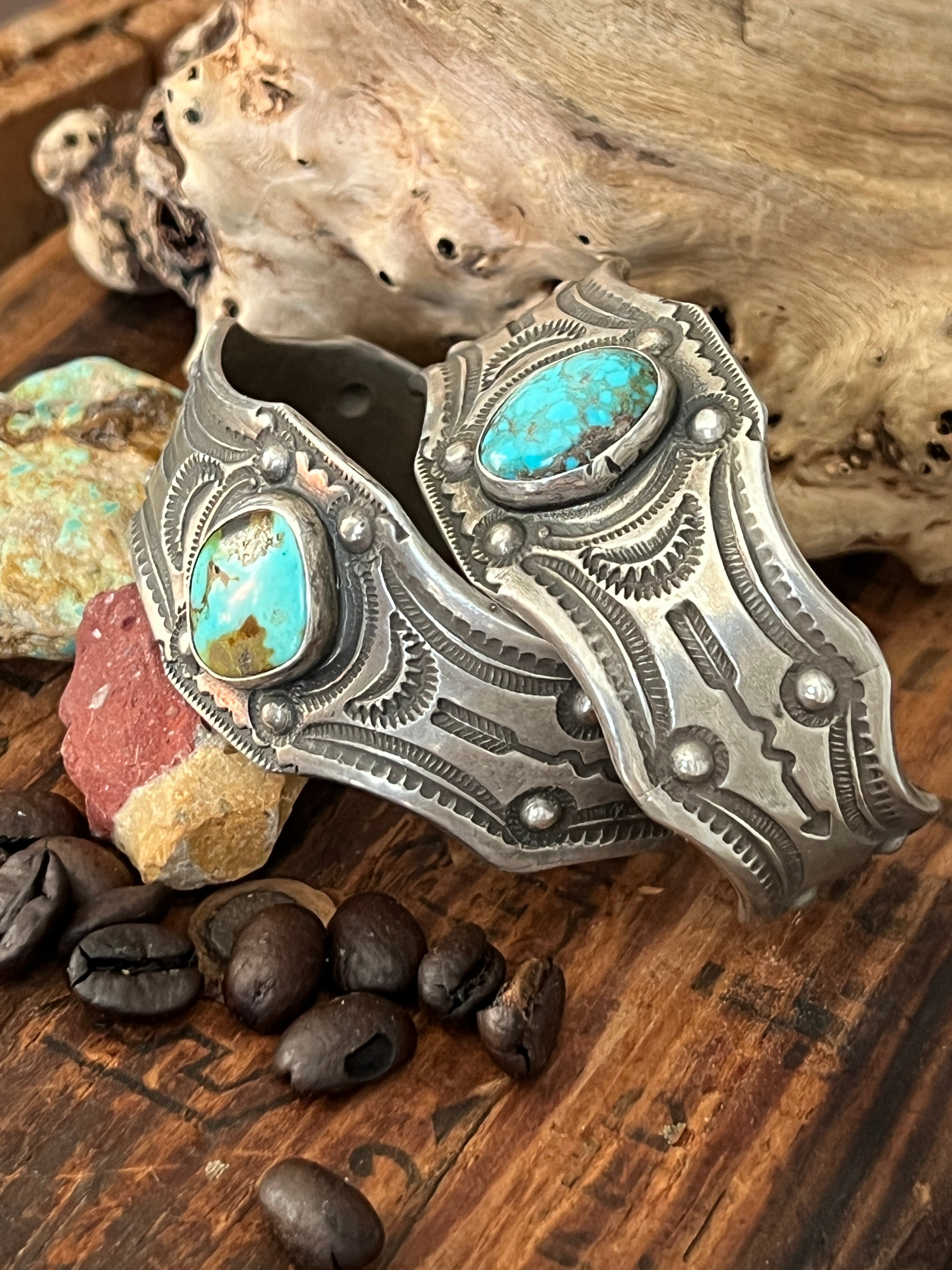 Hand Forged Old Pawn Sterling Silver & Turquoise Ingot Cuff Bracelets by Santa Fe Artist, Buffalo: The Twins