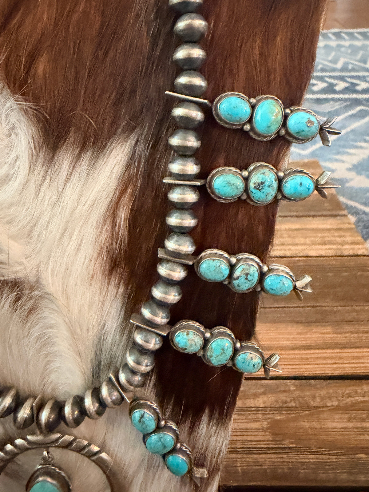 Handcrafted Turquoise & Sterling Silver Squash Blossom Necklace and Earring Set by Larry Kaye