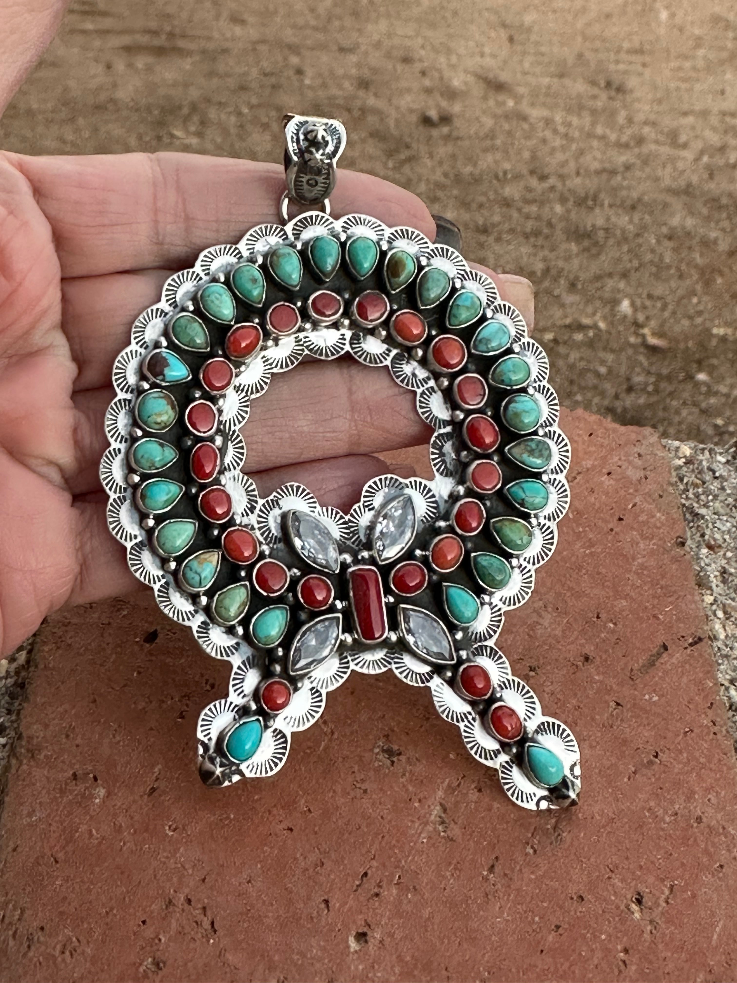 Handmade Sterling Silver, Coral & Kingman Turquoise Christmas Wreath Pendant