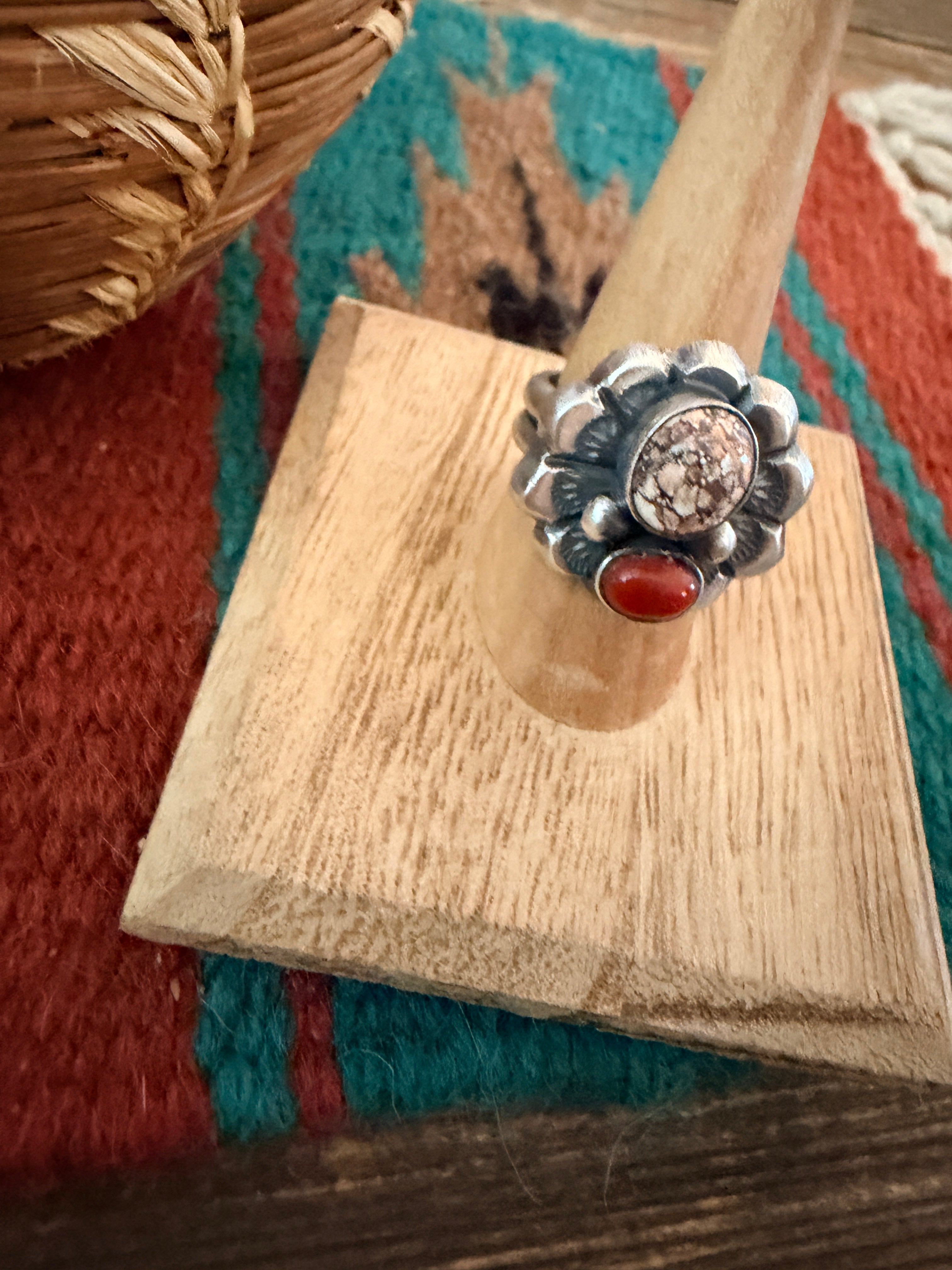 Handcrafted Coral, Wild Horse and Sterling Silver Flower Ring size 8 by Chimney Butte
