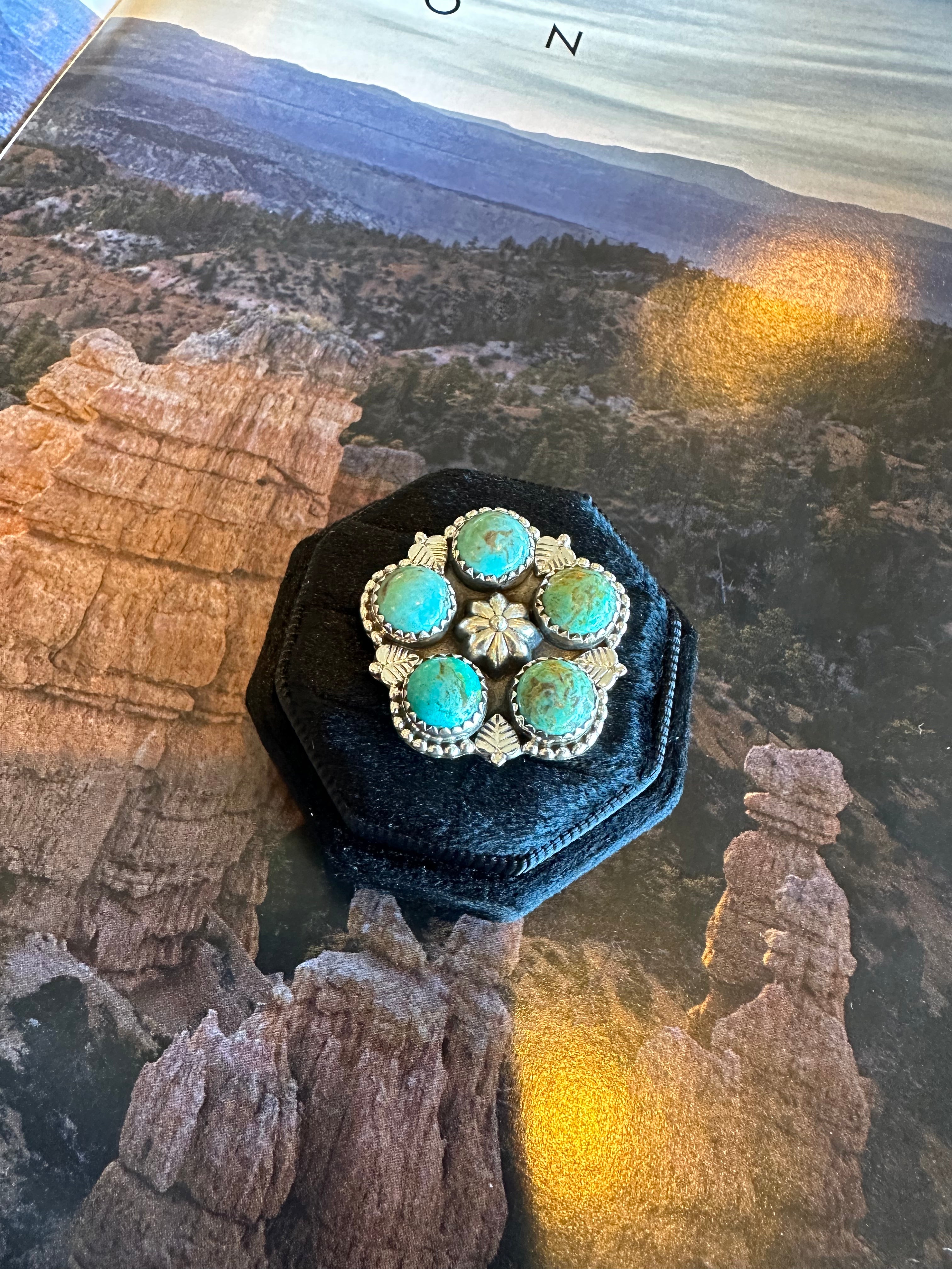 Nizhoni Handmade Adjustable Turquoise Sterling Silver 5 Stone Flower Ring