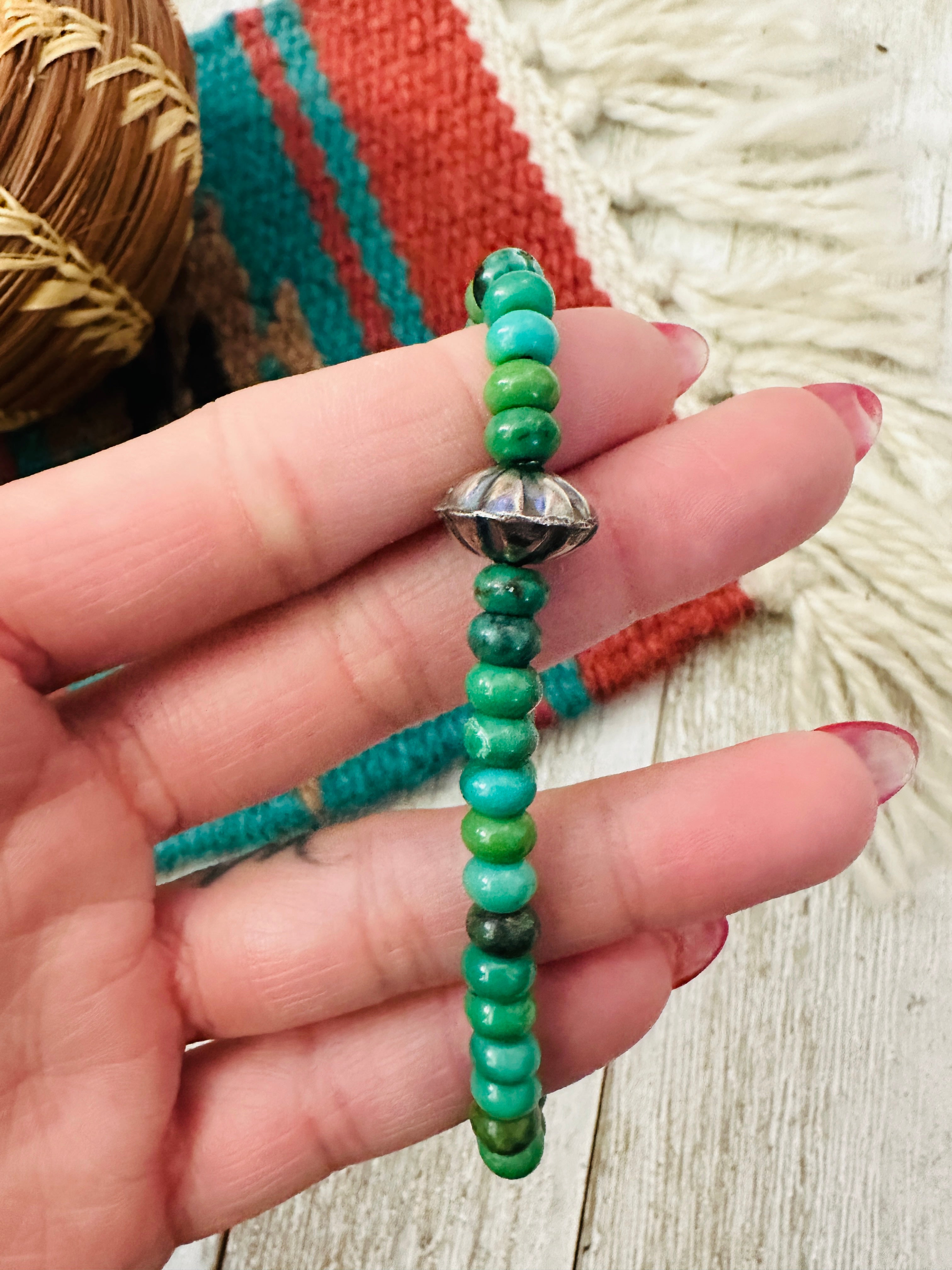 Handcrafted Turquoise & Sterling Silver Beaded Stretch Bracelet