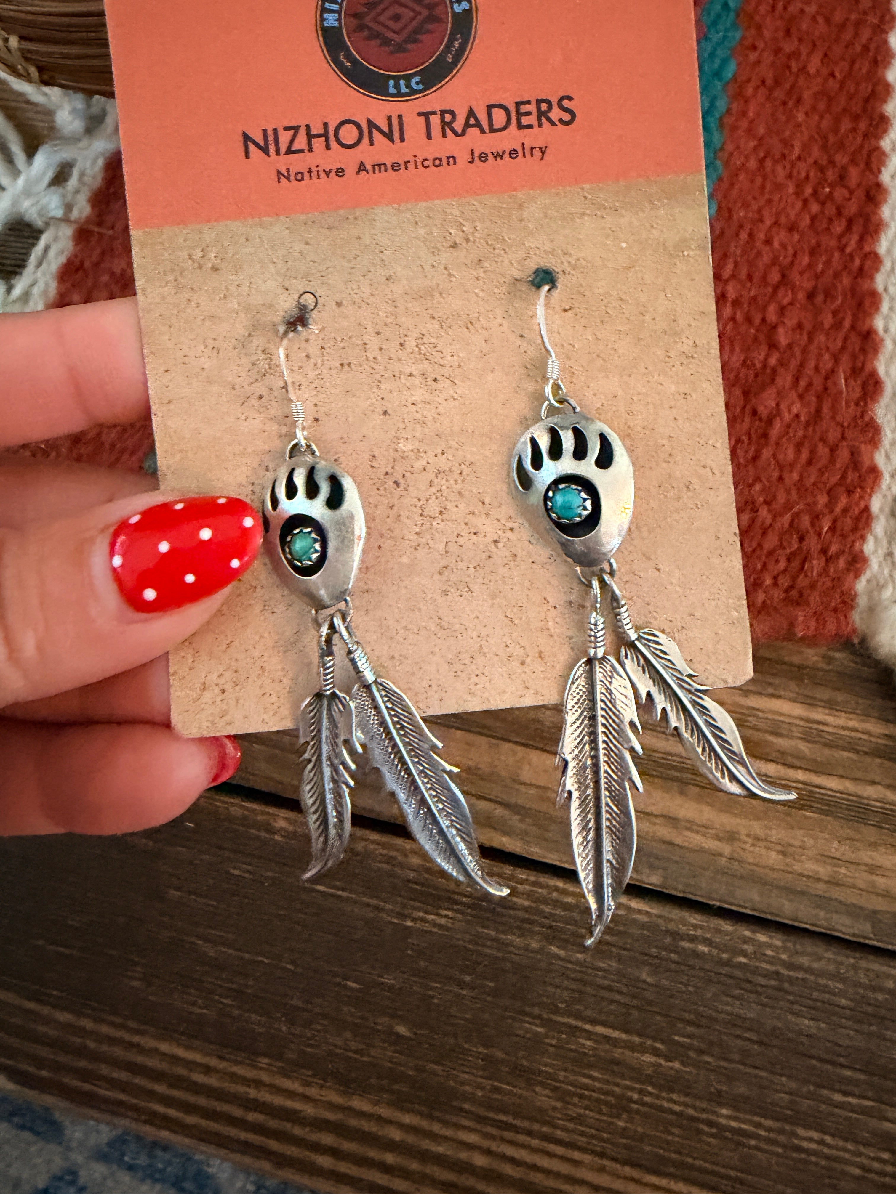 Handcrafted Turquoise & Sterling Silver Bear Paw Feather Dangle Earrings