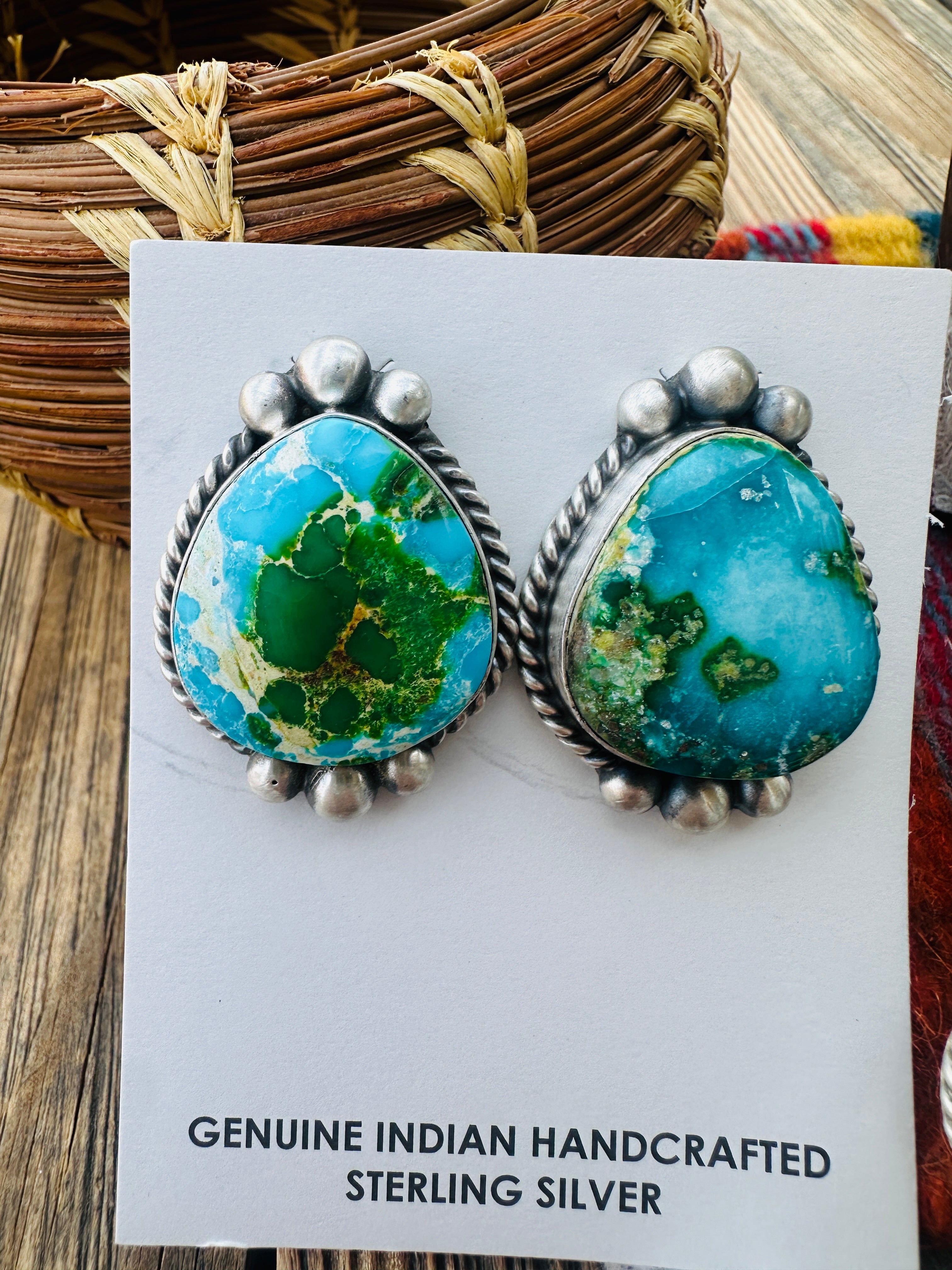 Handcrafted Sonoran Mountain Turquoise & Sterling Silver Squash Blossom Necklace and Earring Set