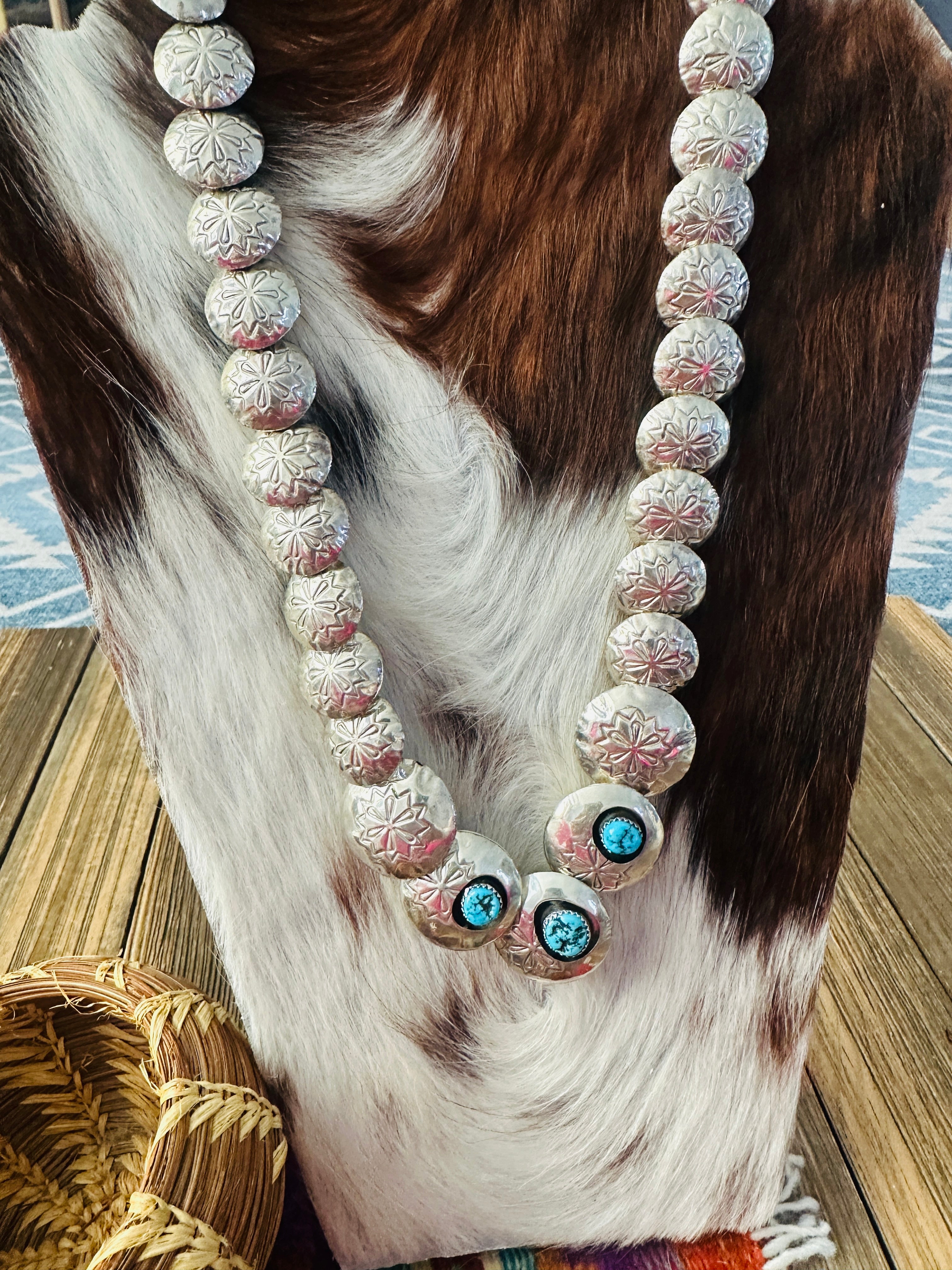 Old Pawn Handcrafted Turquoise, Coral & Sterling Silver Pillow Bead Reversible Necklace