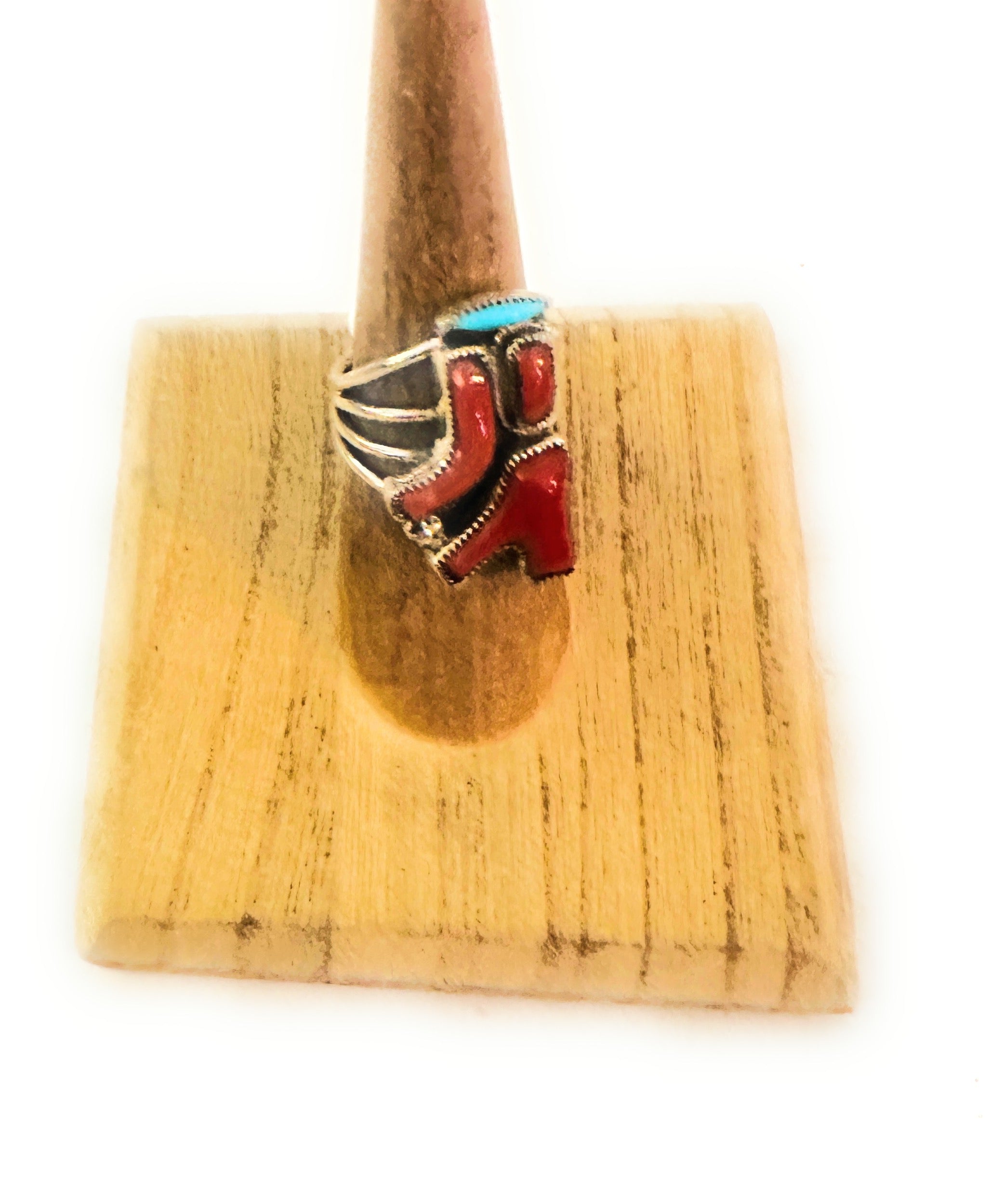 Zuni Coral, Turquoise & Sterling Silver Ring Size 6