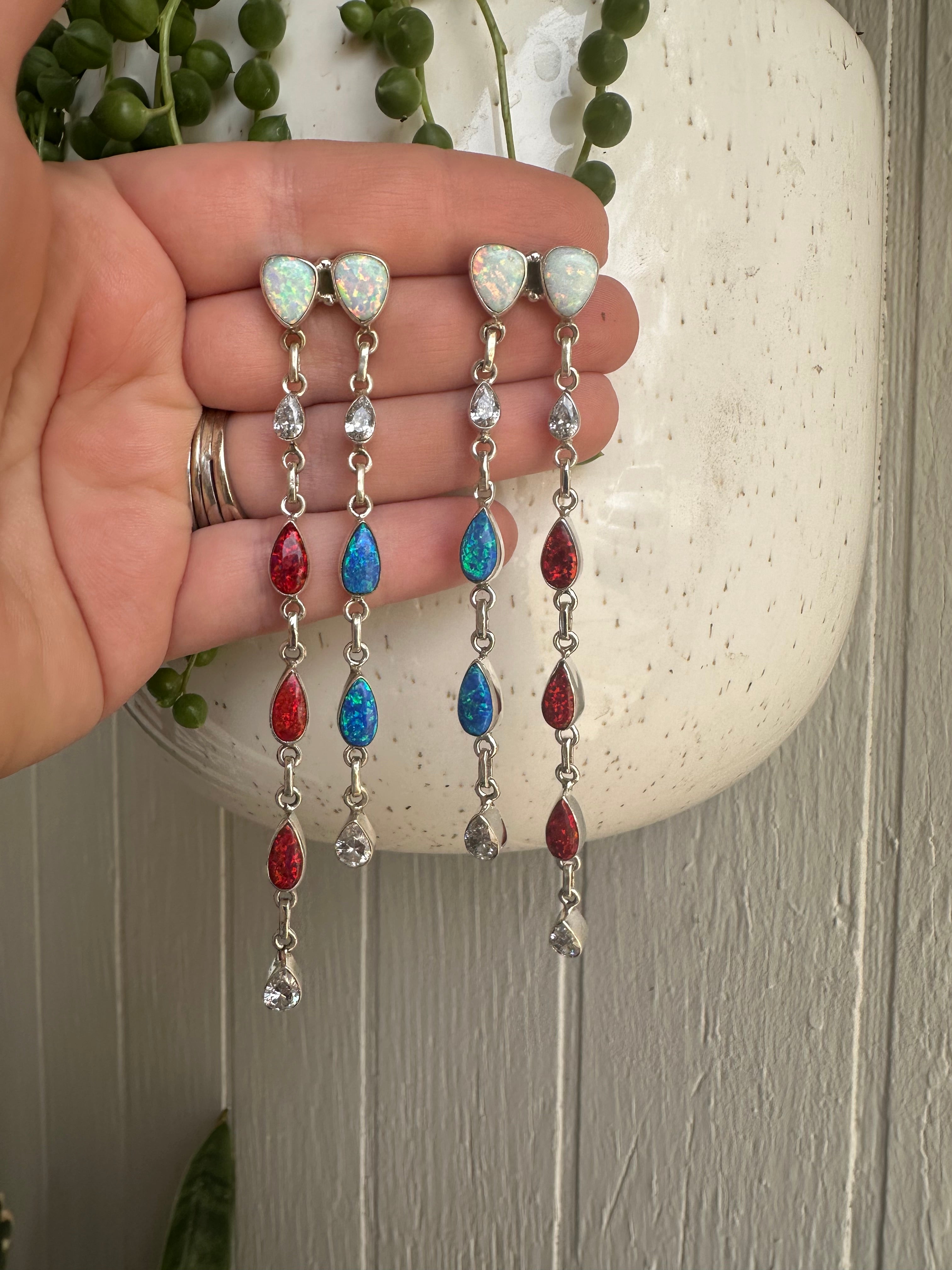 4th Of July Handmade Red, White & Blue Fire Opal and Sterling Silver Statement Dangles