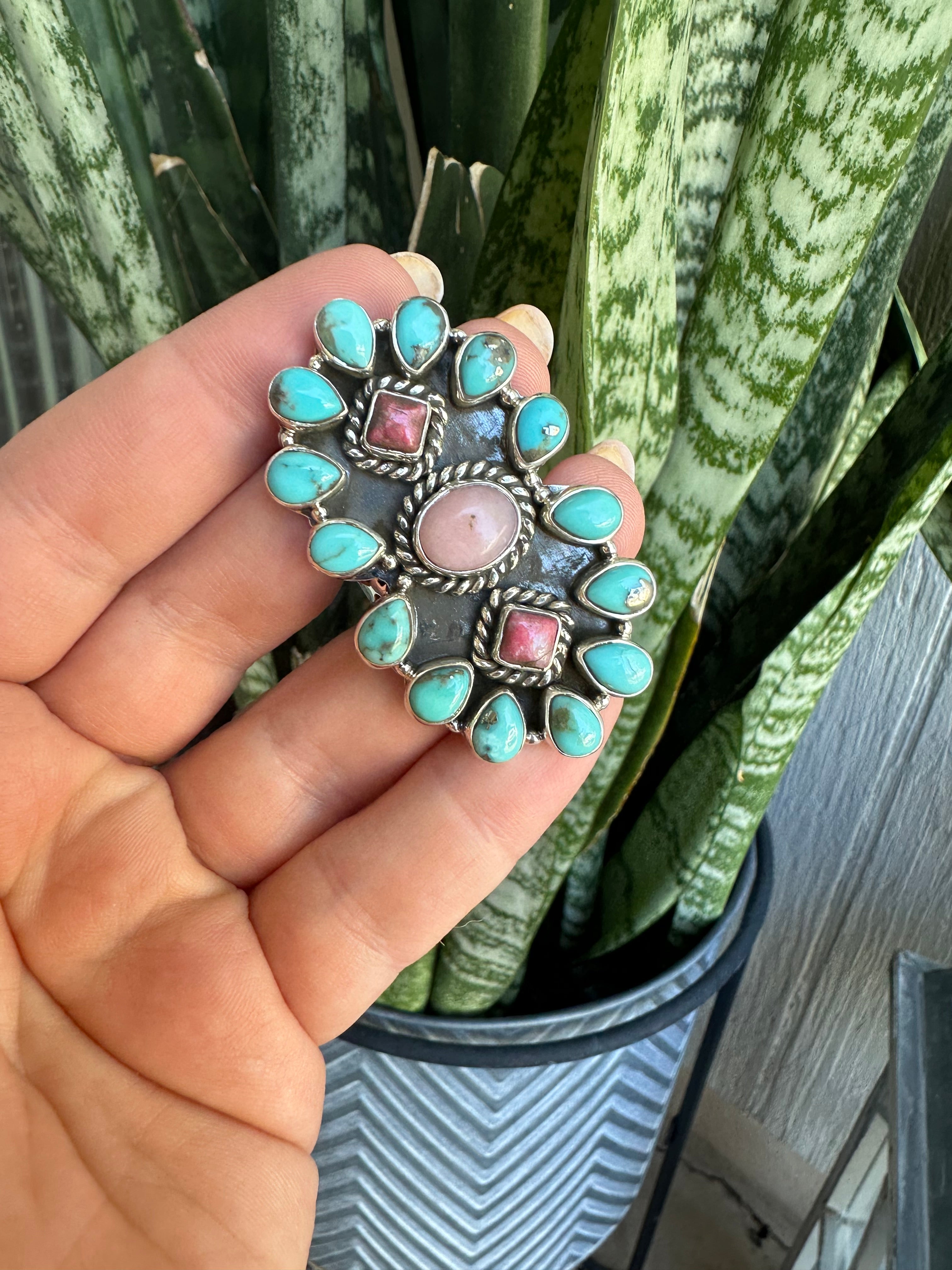 Beautiful Handmade Turquoise, Pink Conch, Rhodonite And Sterling Silver Adjustable Cluster Ring