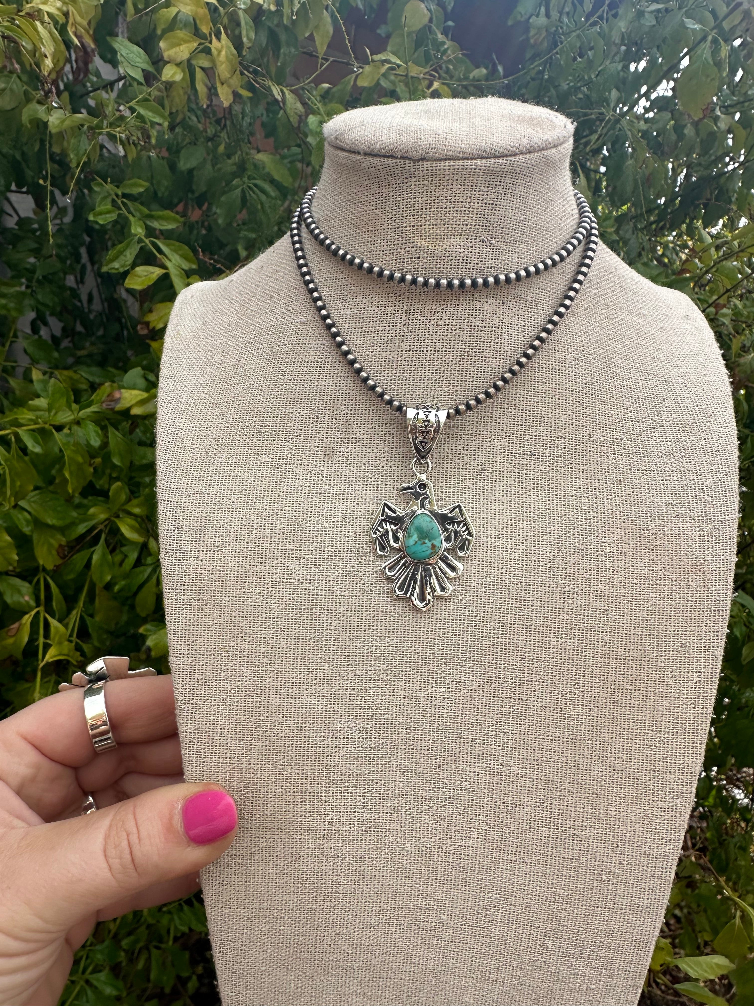 Handmade Sterling Silver & Number 8 Turquoise Thunderbird Pendant Signed Nizhoni