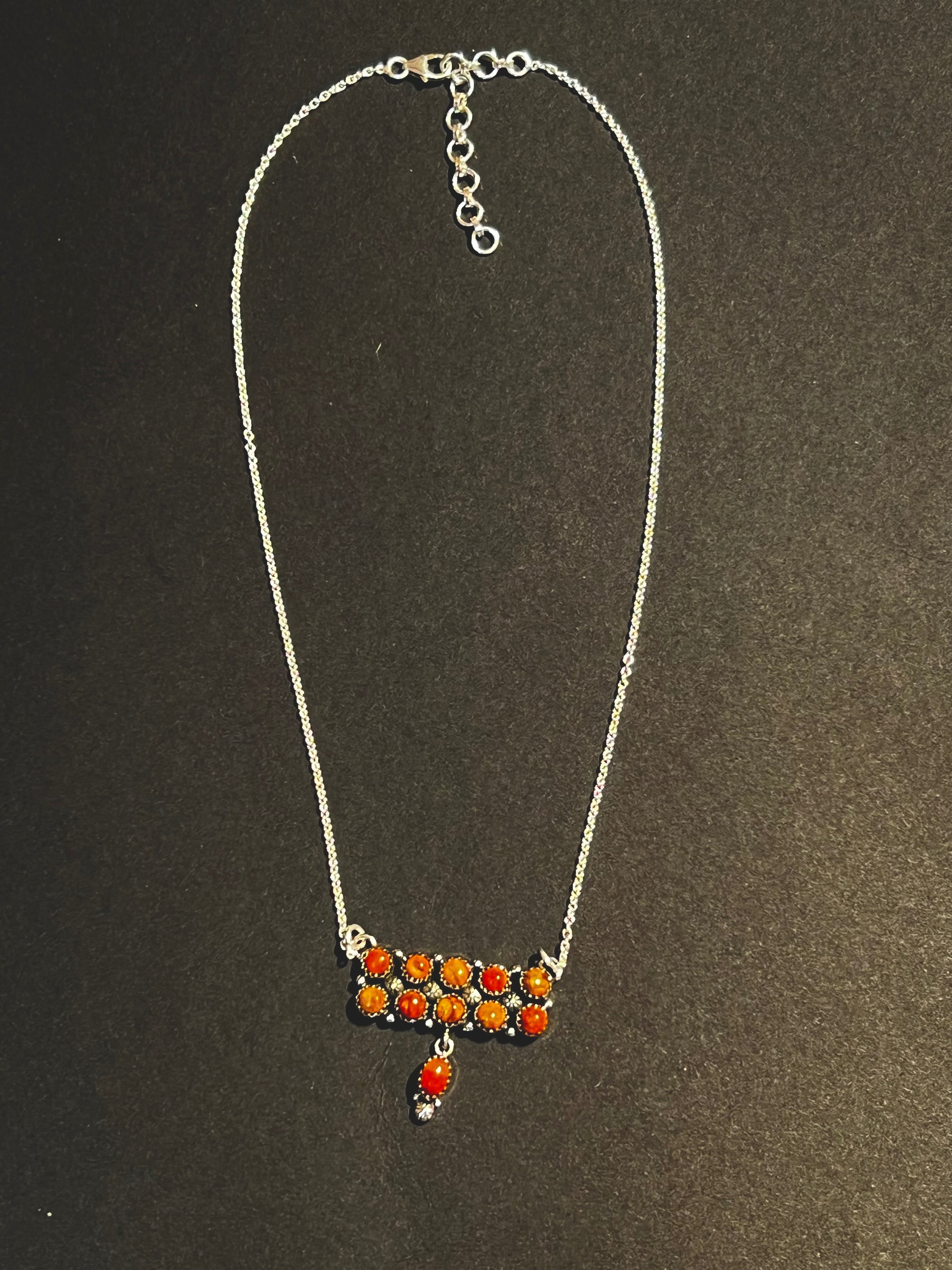 Handmade Sterling Silver & Orange Spiny Tear Drop Dangle, Bar Necklace