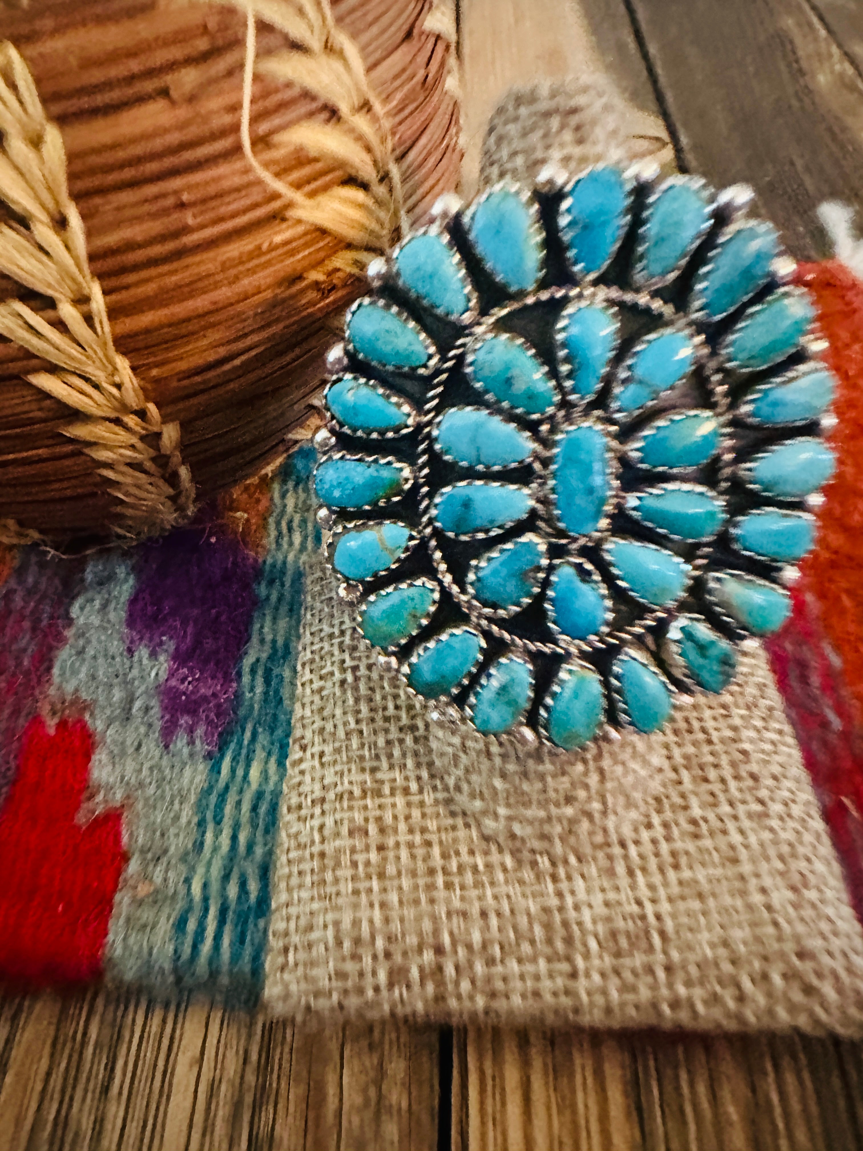 Handcrafted Turquoise & Sterling Silver Adjustable Cluster Ring